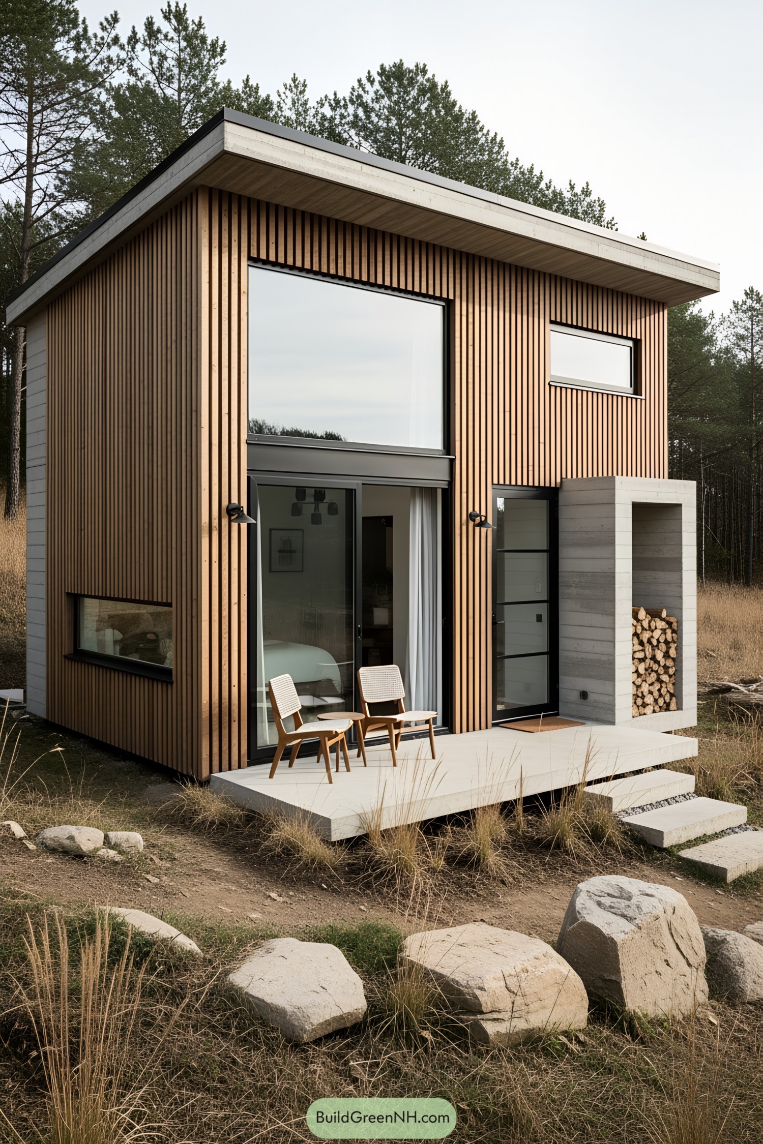 Compact modern cabin with vertical wood slats and large glass windows