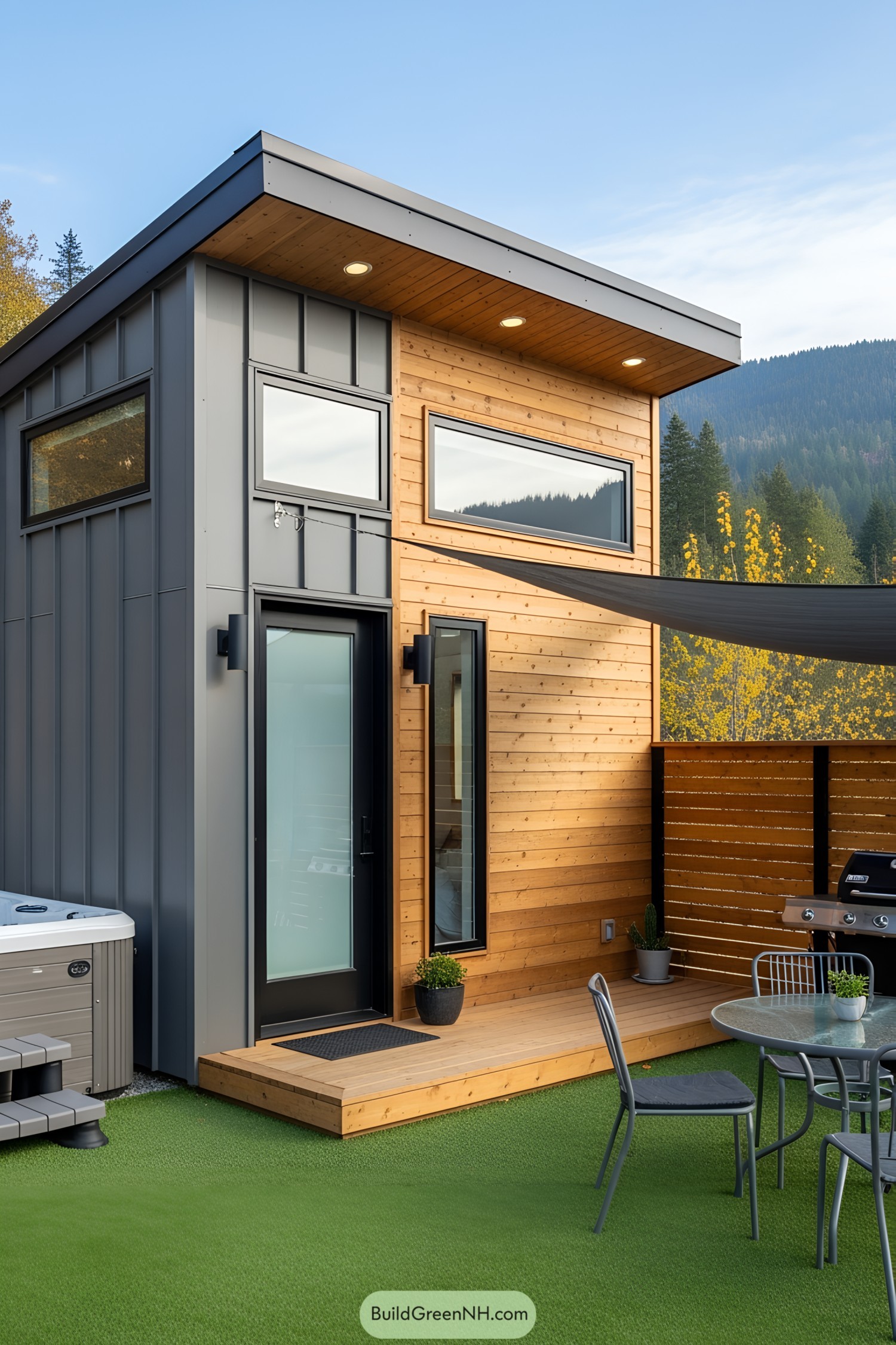 Small modern house with wood and metal siding, outdoor seating