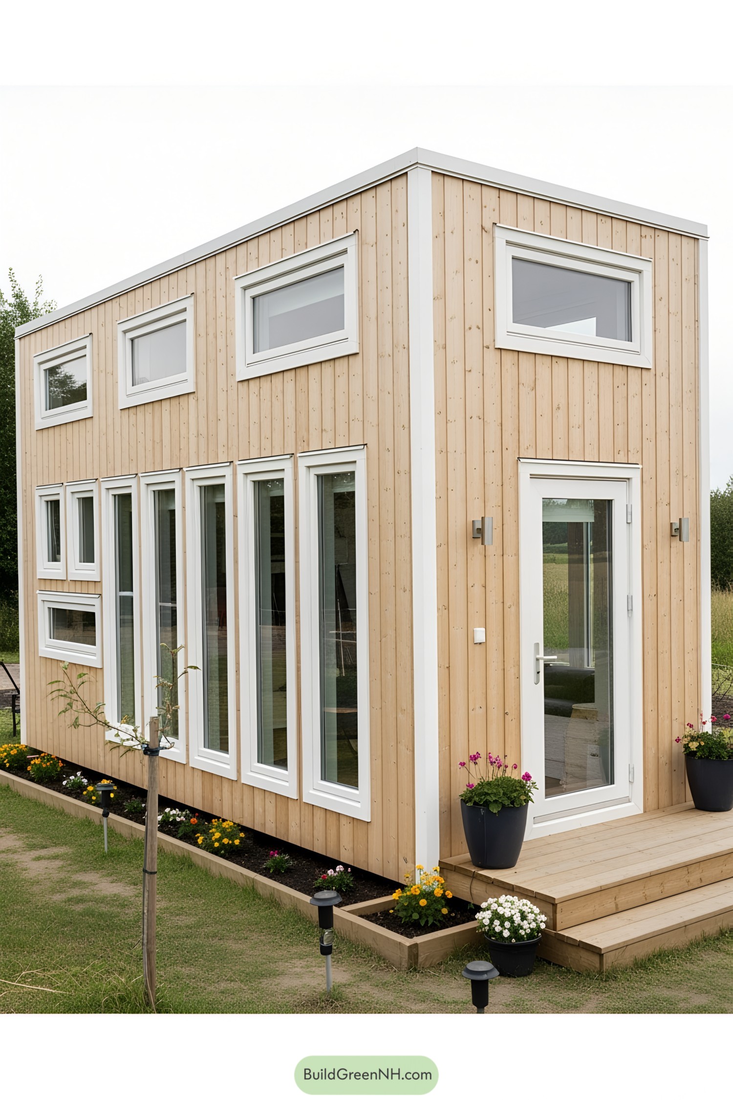 Compact, light wood tiny house with large windows