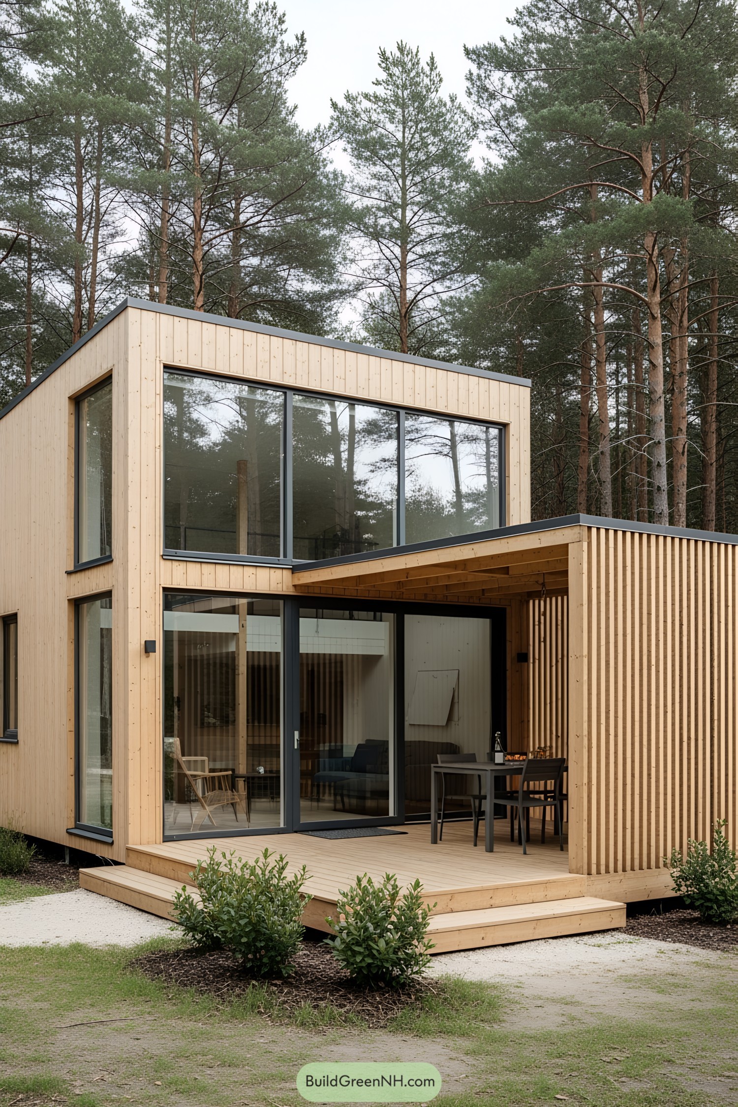Compact wooden house with large windows in a forest