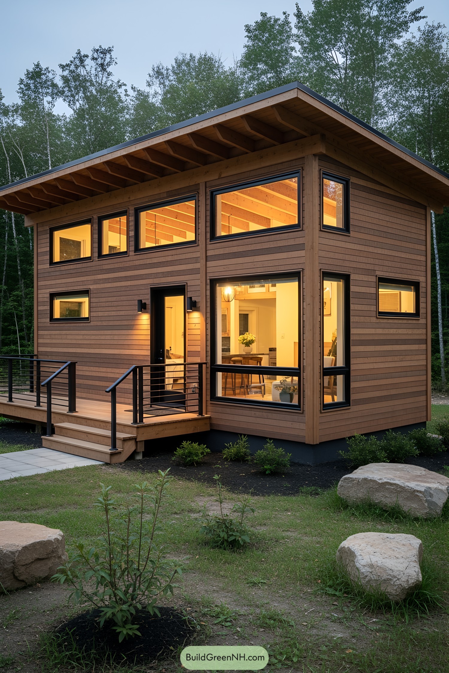 Cozy wooden cabin with large windows in a forest setting