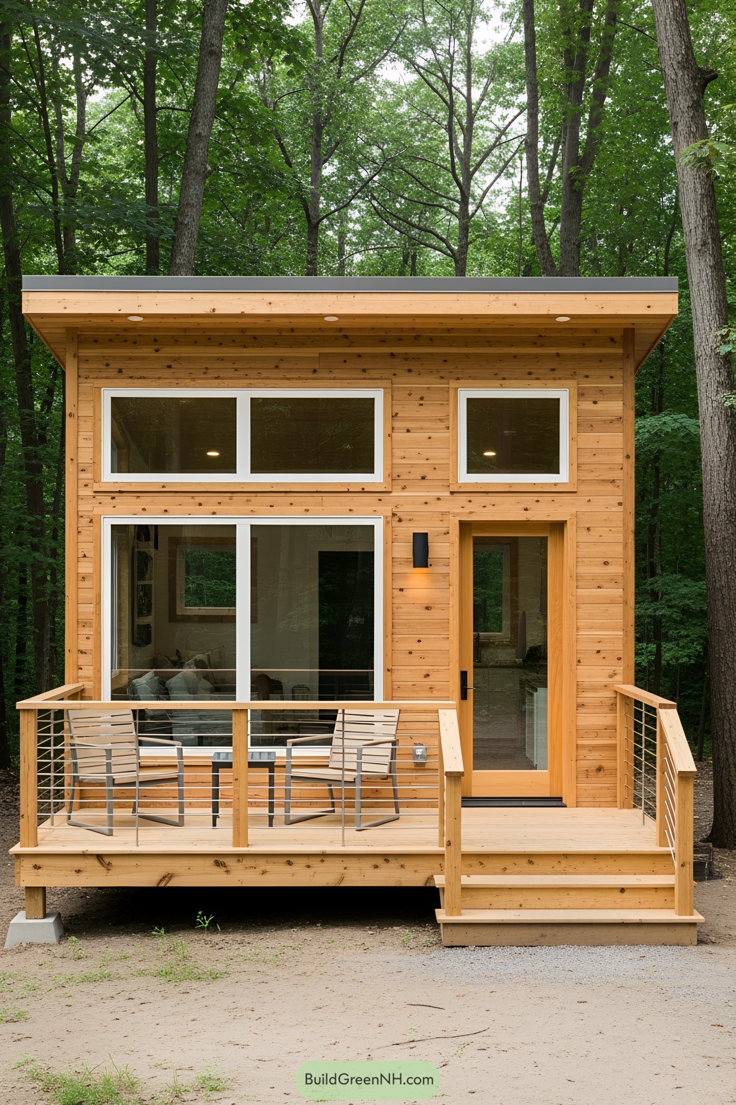 Tiny wooden house with a front porch surrounded by lush trees