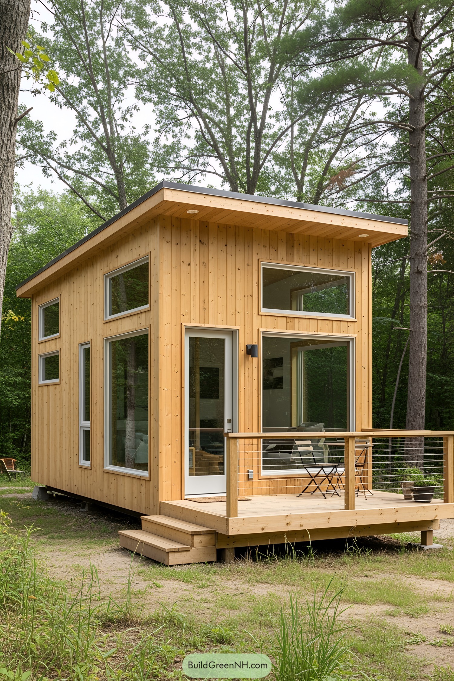 Compact wooden house with large windows nestled in a forest setting