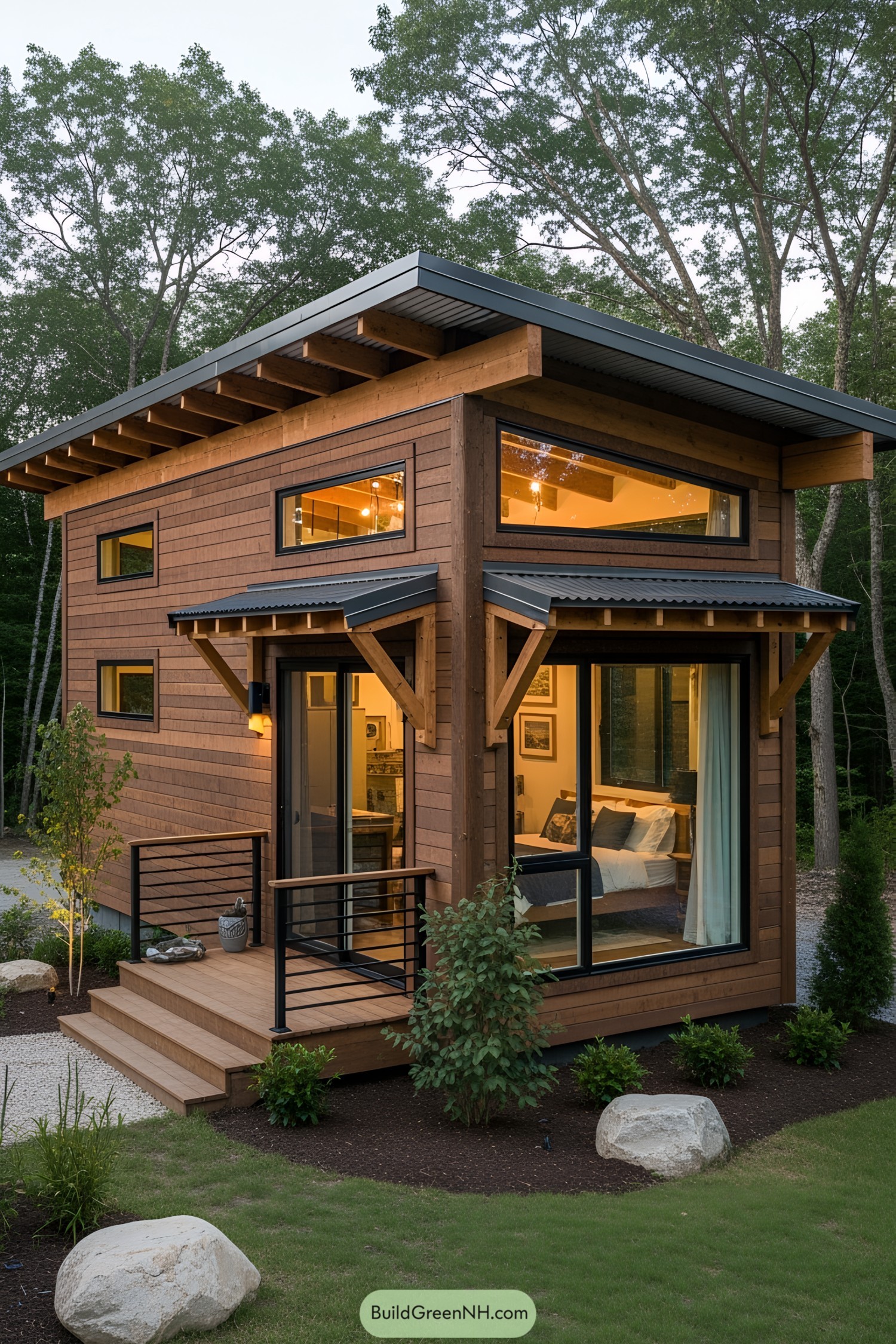 Small wooden house with large windows and cozy porch