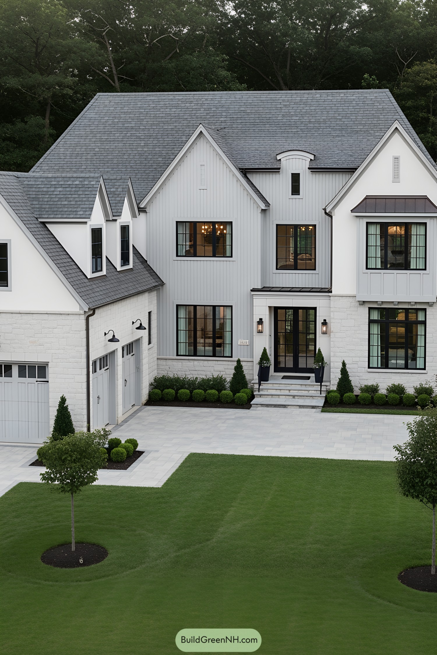 Elegant house with pitched roof and lush lawn