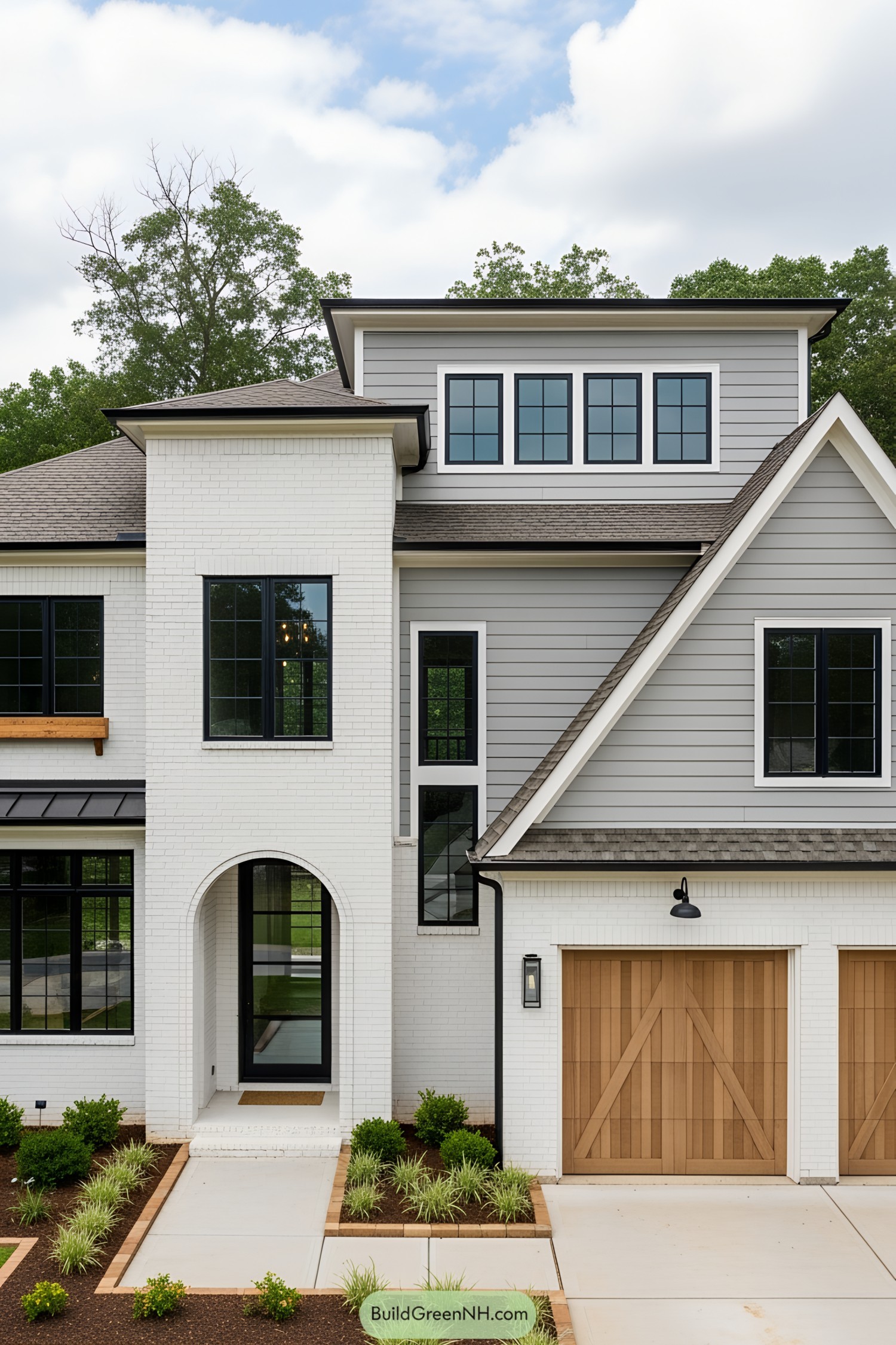 Stylish transitional house with brick and wood details