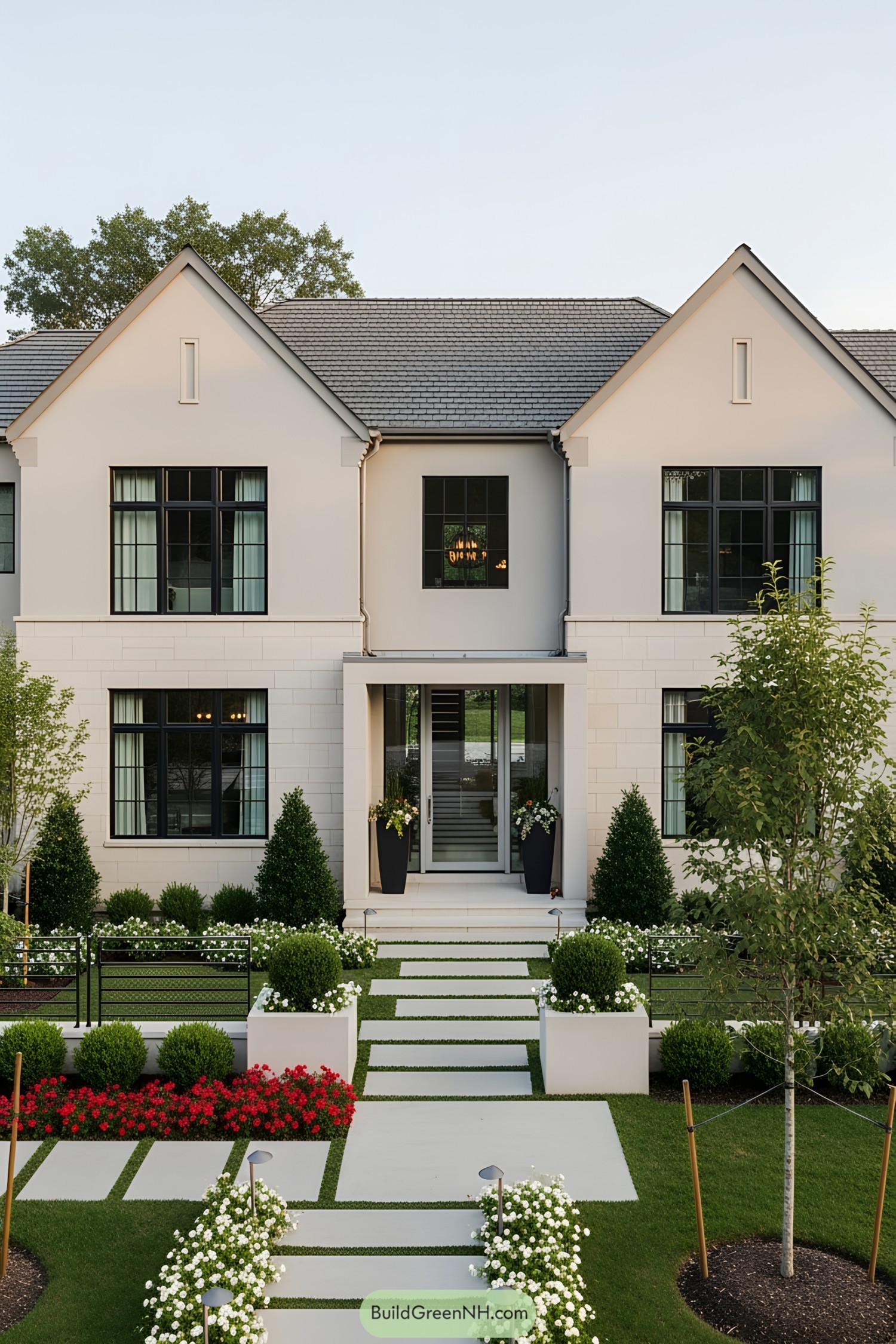 Modern white transitional house with gabled roof and stylish garden