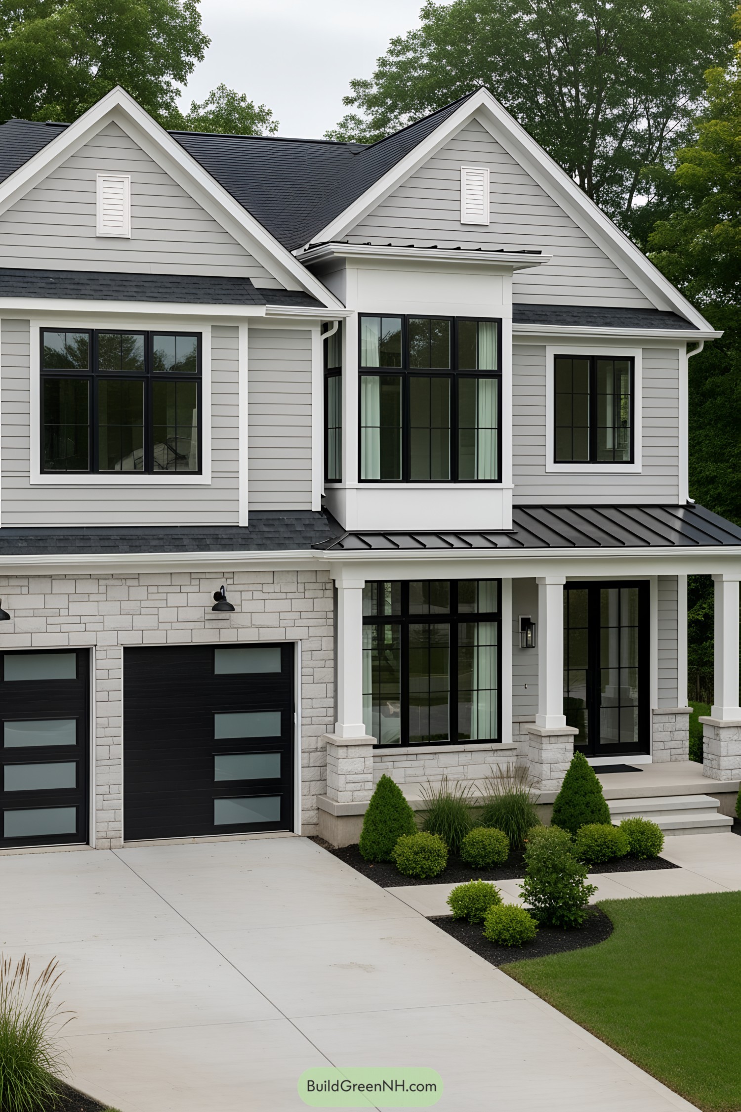 Modern house with elegant gables and a neat garden