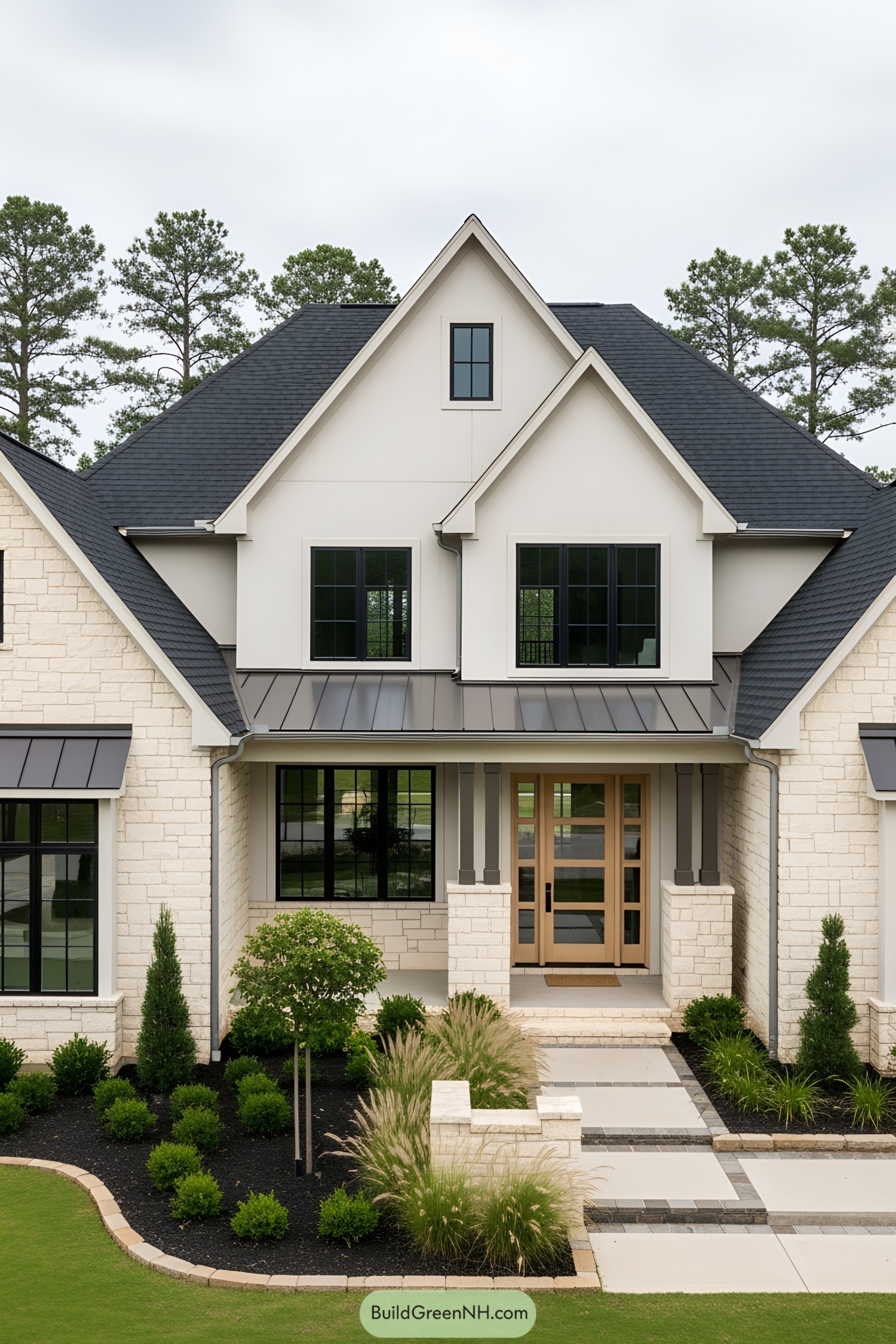 Modern transitional house with dark roof and stone facade