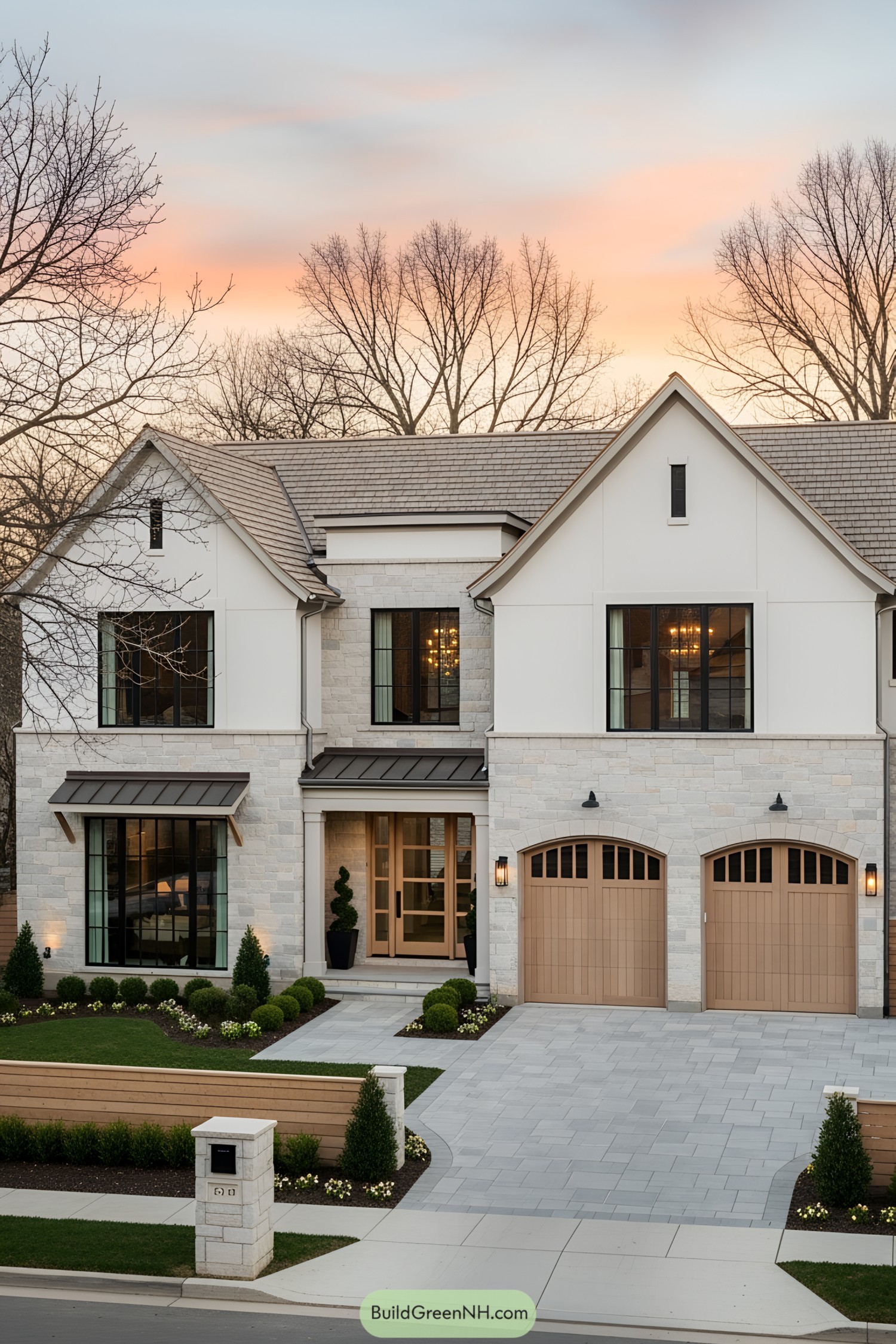 Modern home with stone facade and double garage at sunset