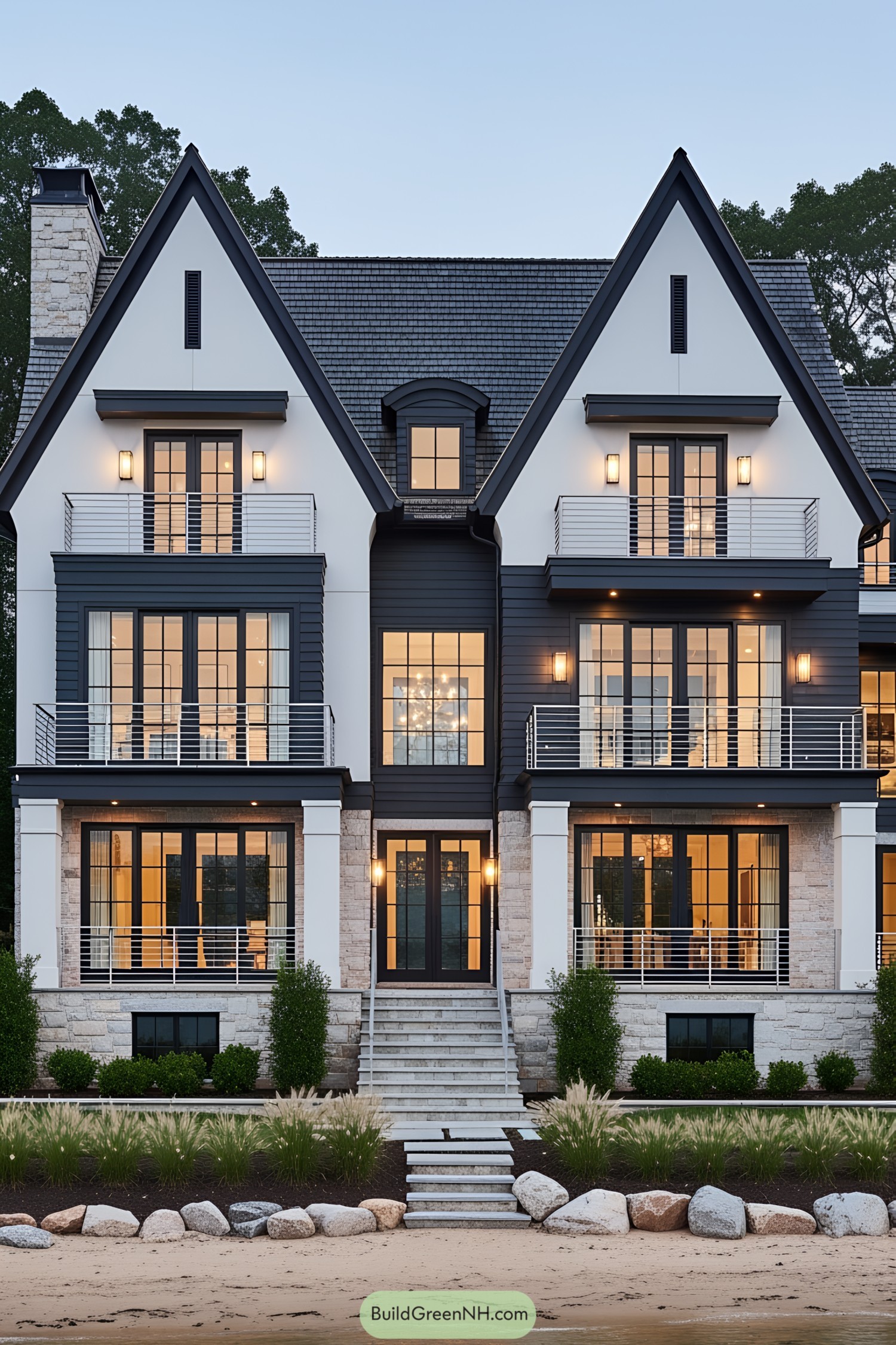 A modern transitional house with large windows and elegant design