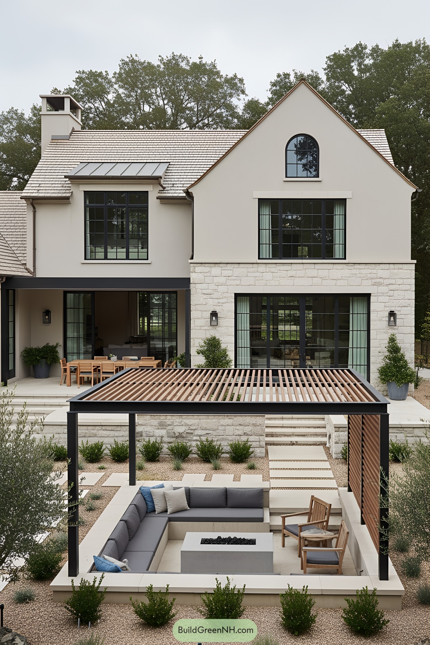 Modern house with large windows and a spacious patio
