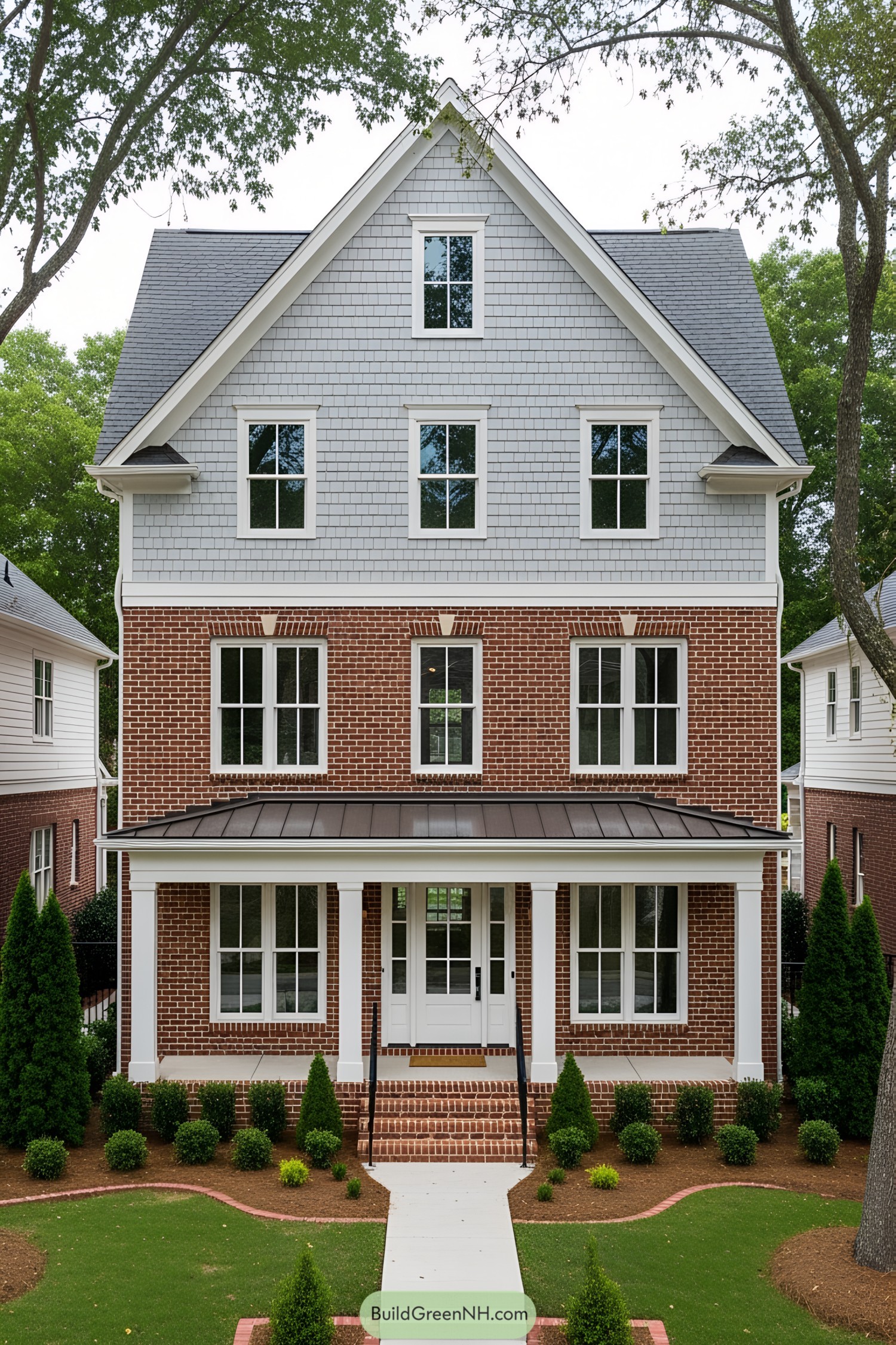 Transitional home with brick facade and gabled roof