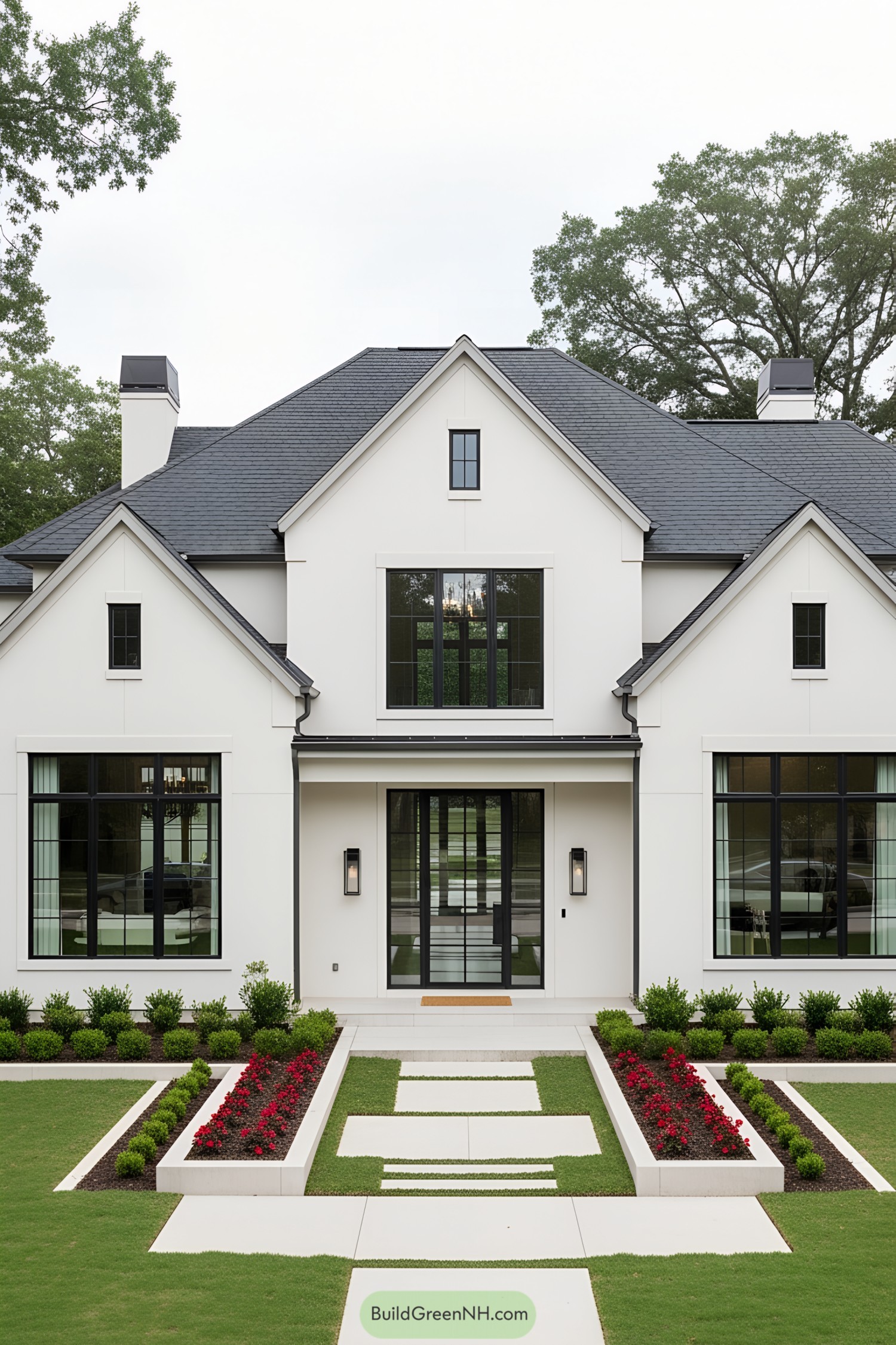 Elegant transitional house with gables and manicured lawn