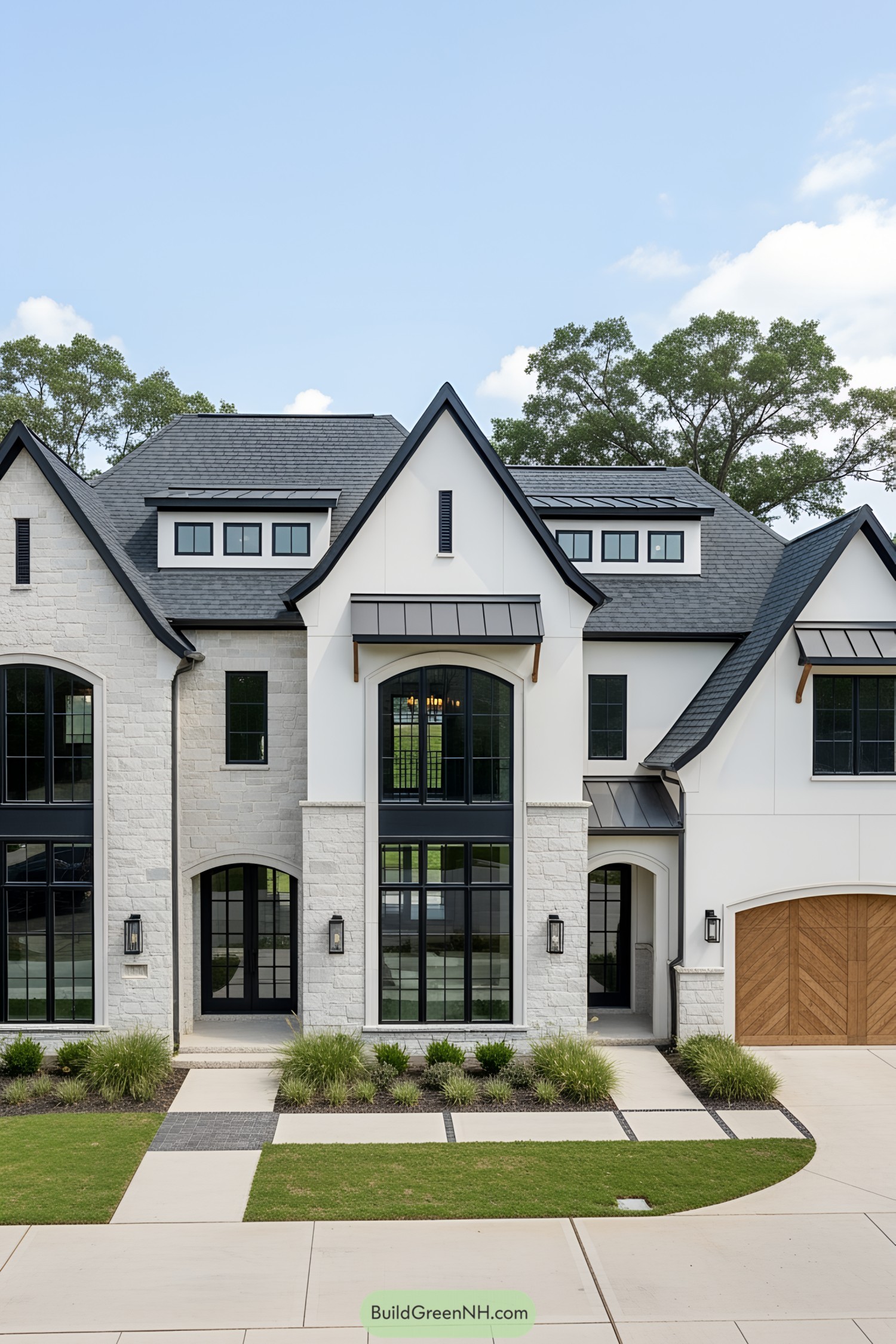 Modern transitional house with large windows and sharp gables