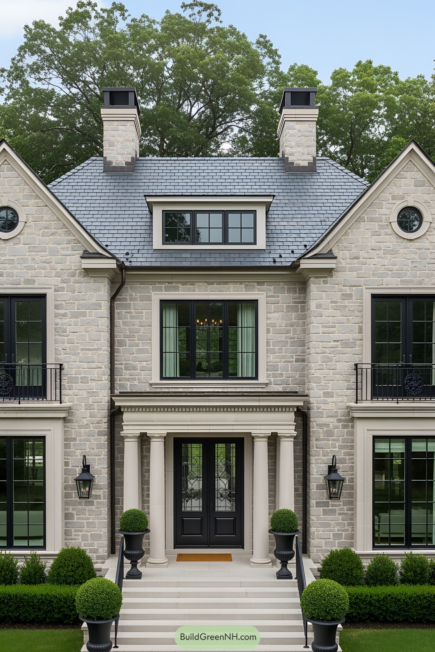 Elegant stone transitional house facade with grand entrance