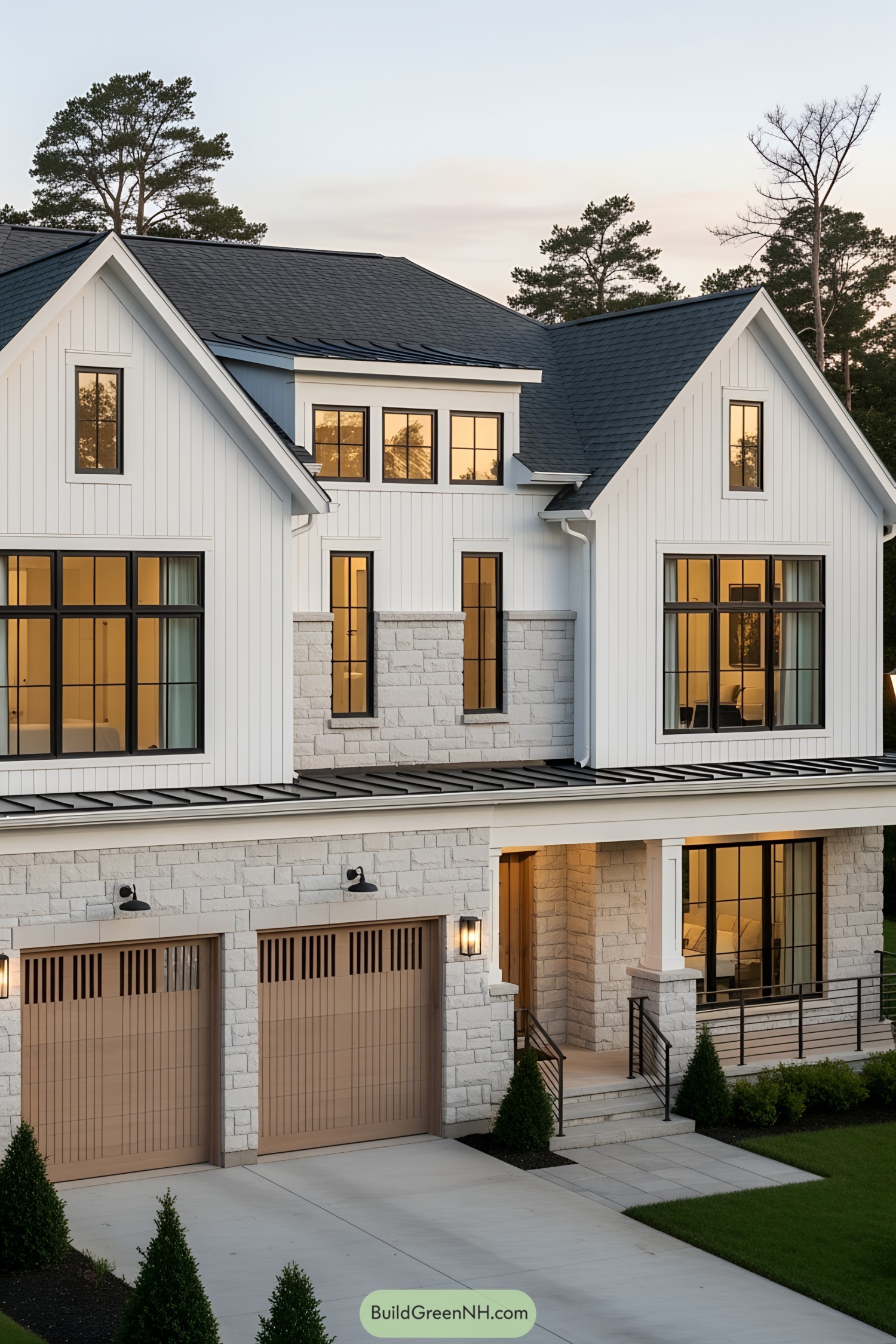 Modern transitional house with gables and stone accents