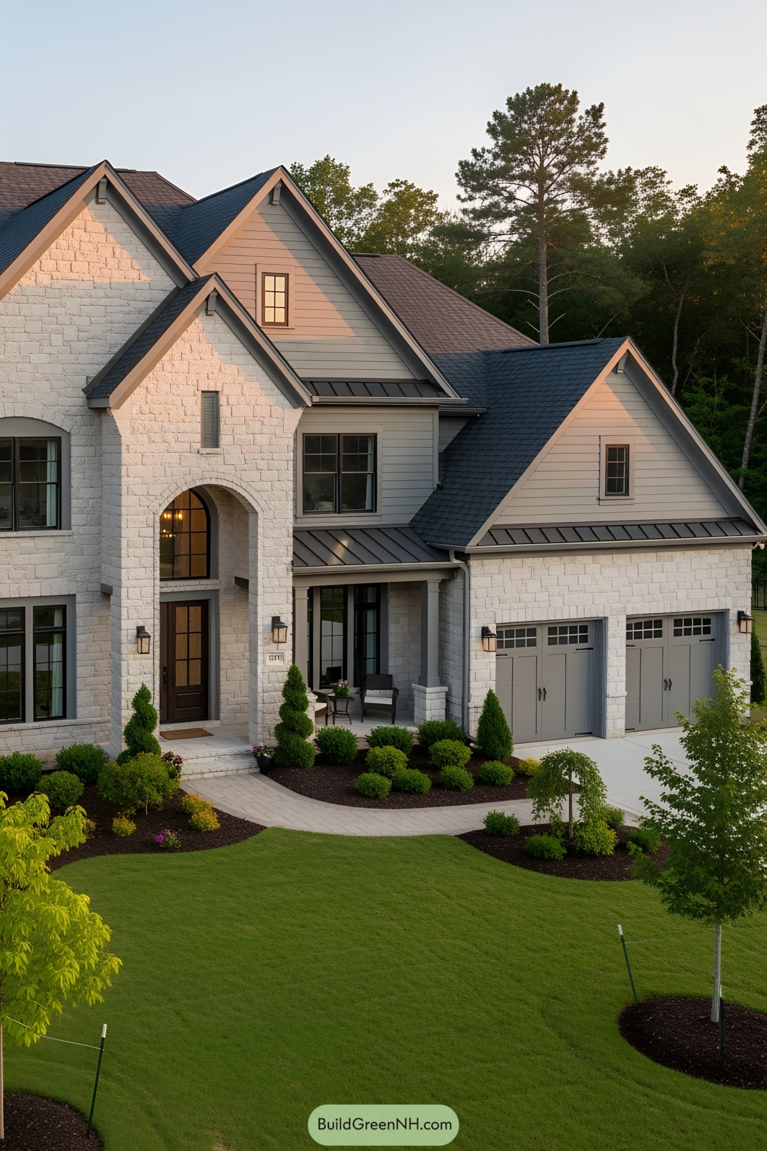 Modern house with stone facade and manicured garden