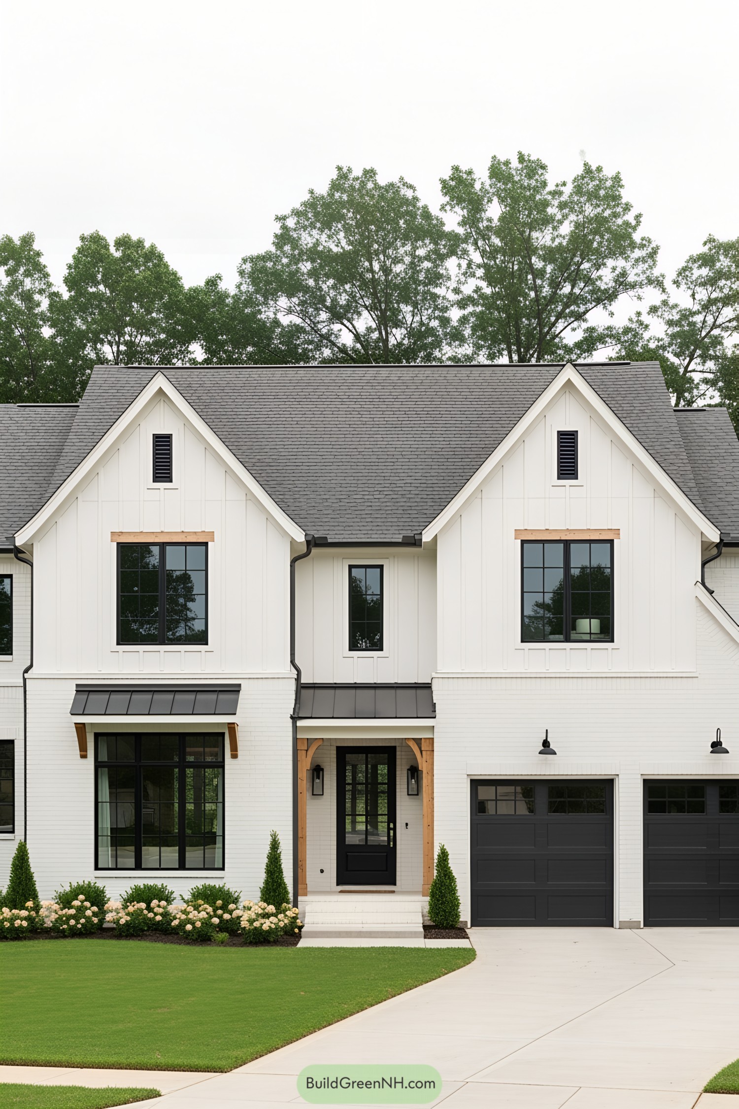 Contemporary house with gables and black accents