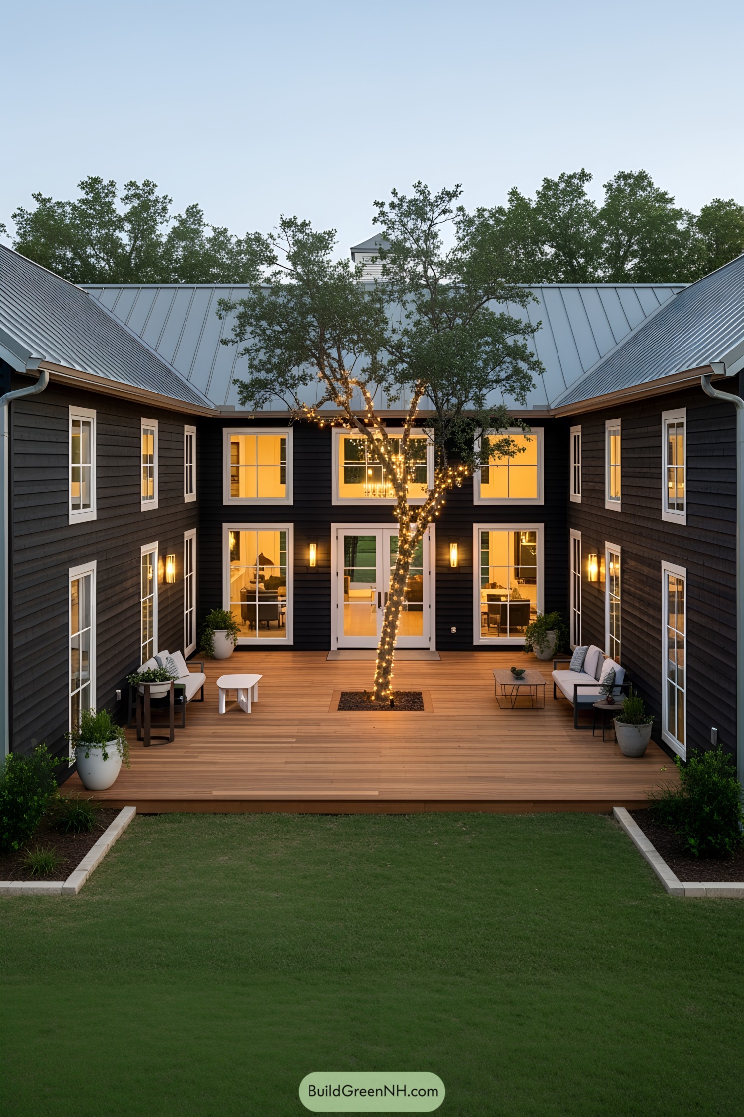 Stylish U-shaped house with wooden patio