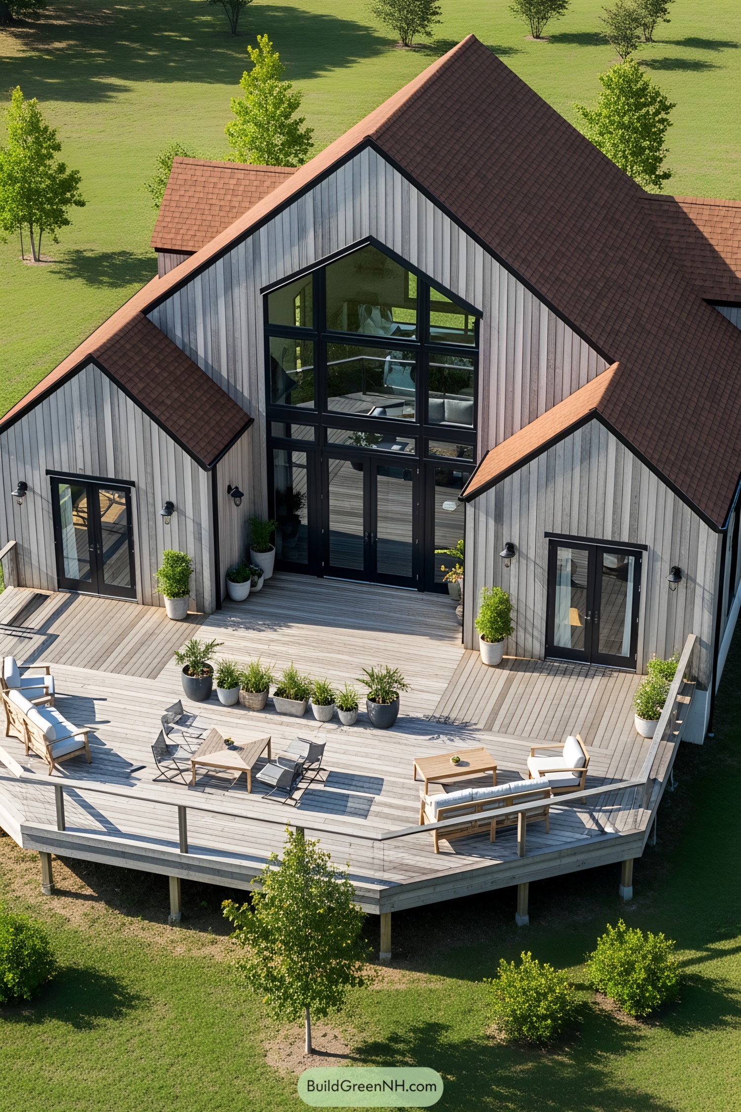 Modern barndominium featuring large windows and spacious deck