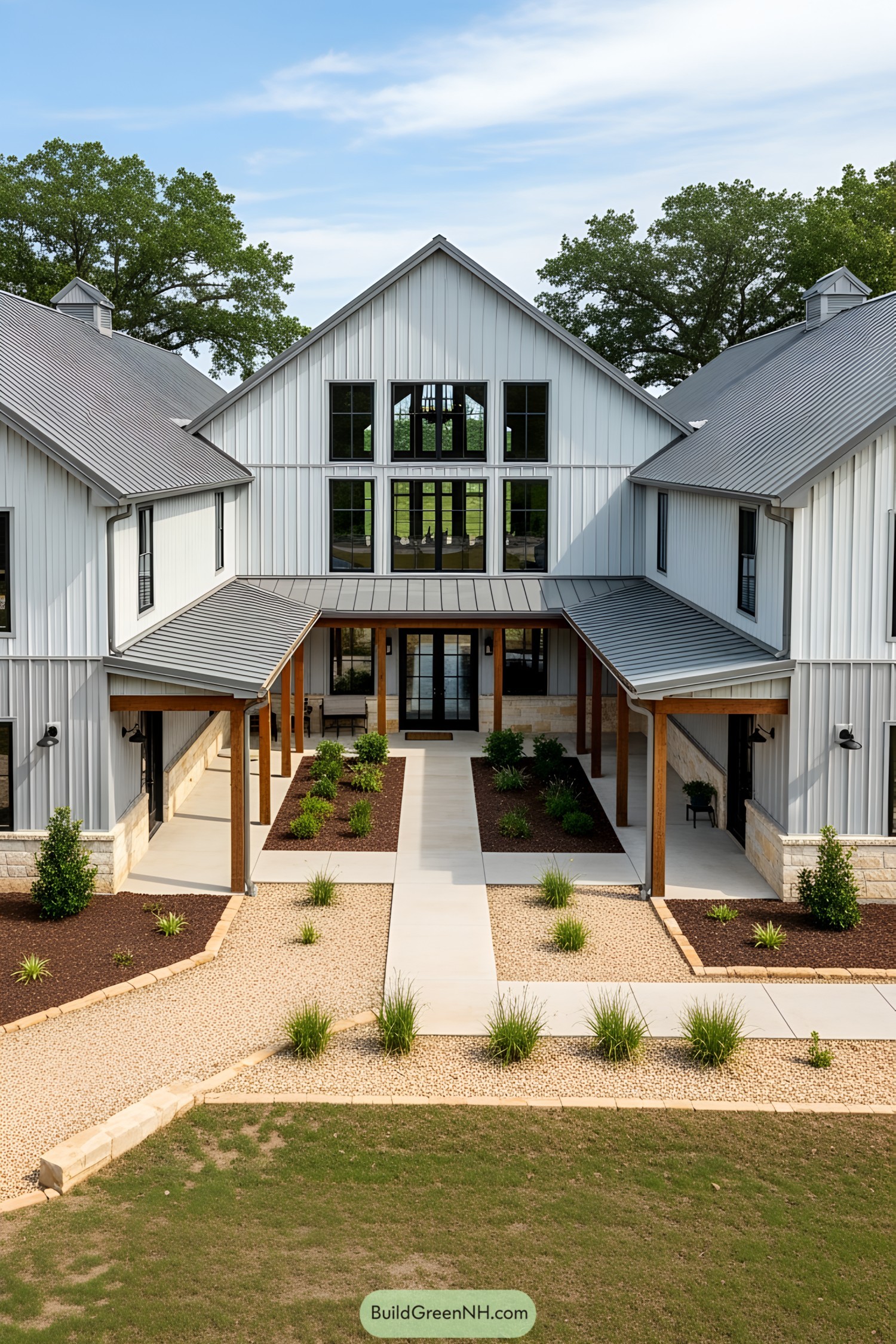 Stylish barndominium with modern design and landscaped entrance