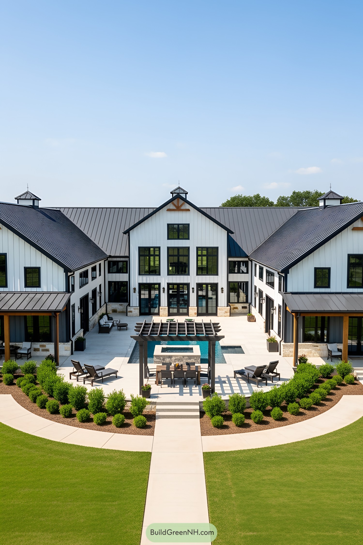 Spacious U-shaped barndominium with a modern patio