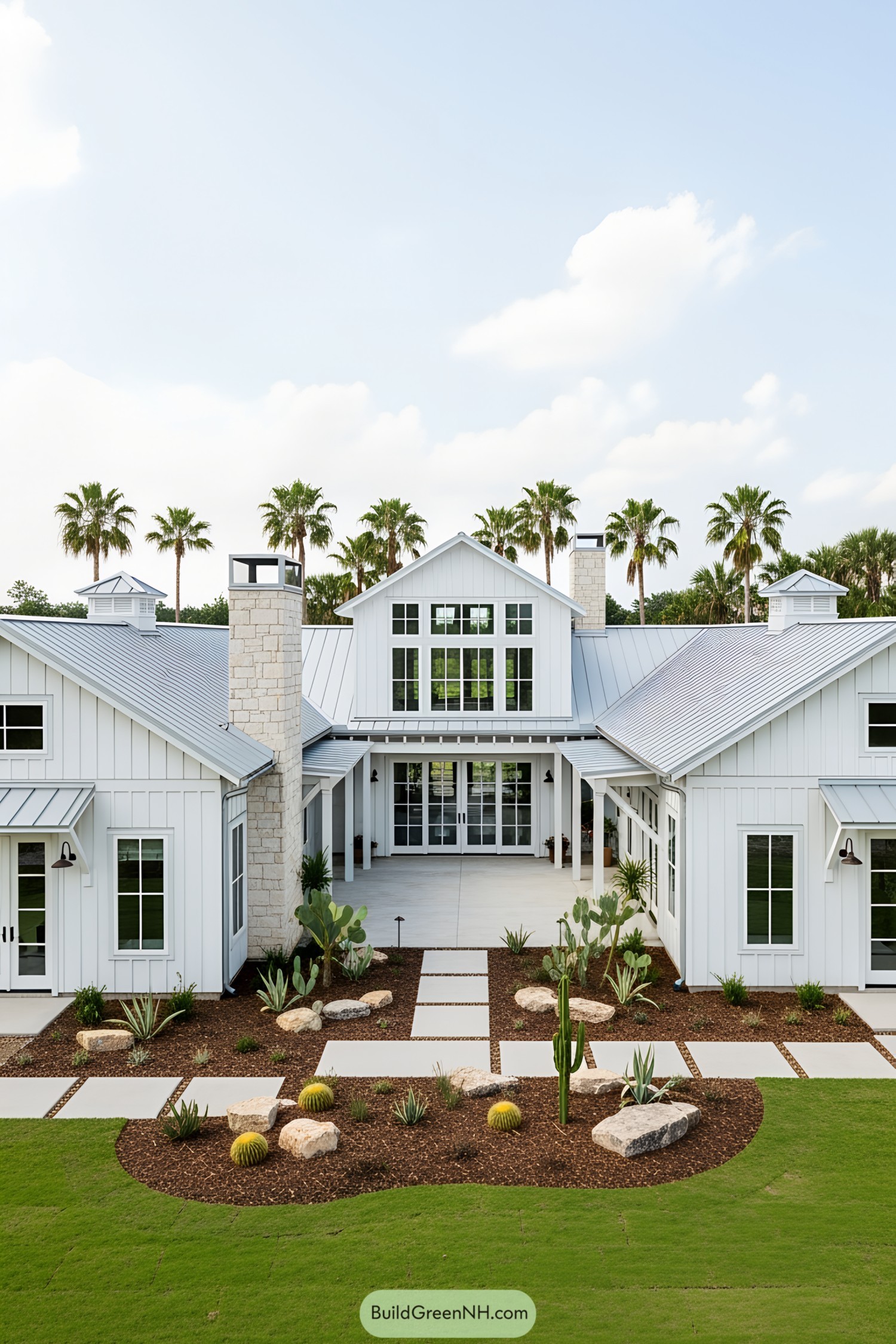 Modern white barndominium with metal roof and palm trees
