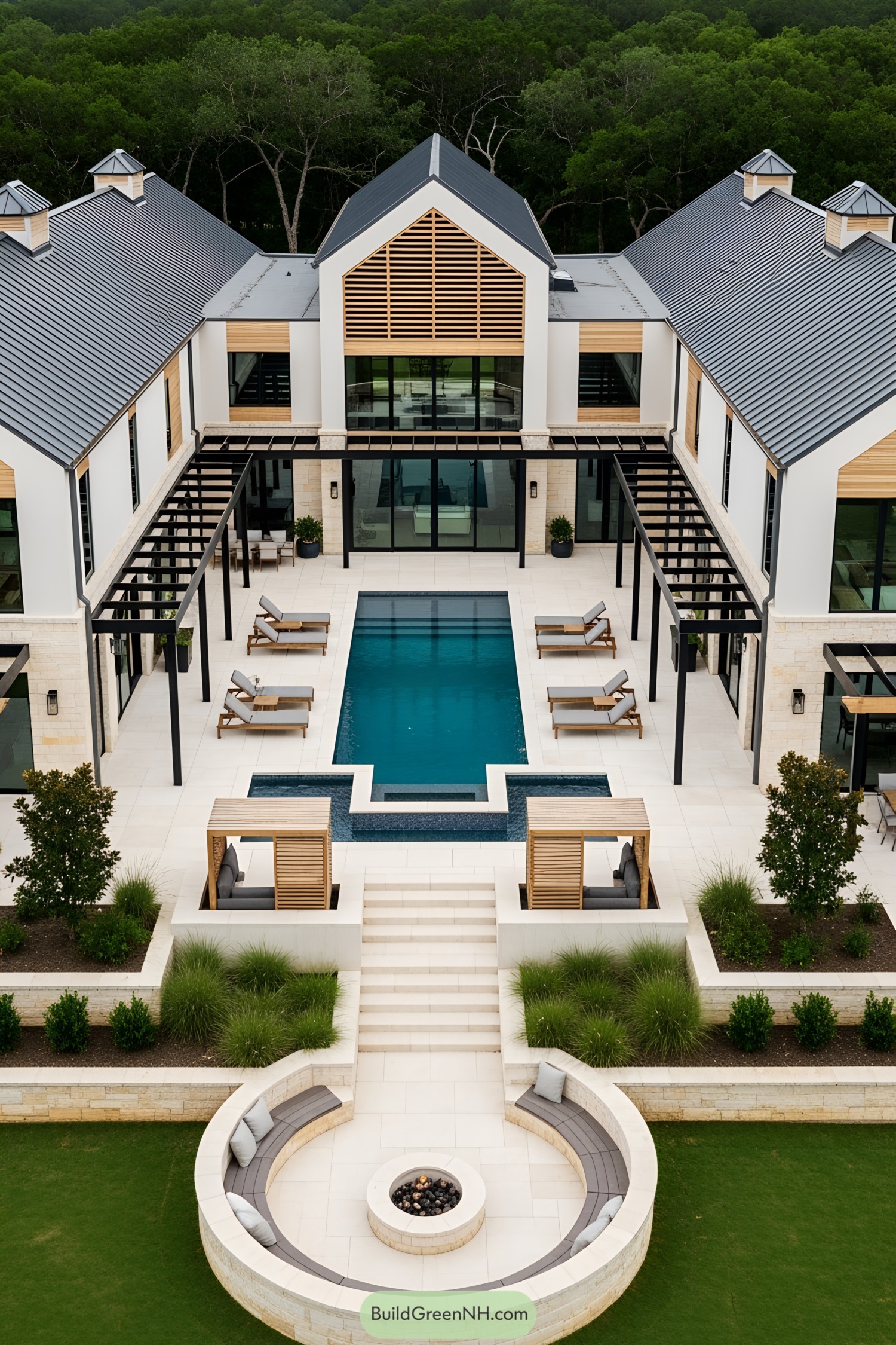 Modern U-Shaped Barndominium with Pool and Greenery