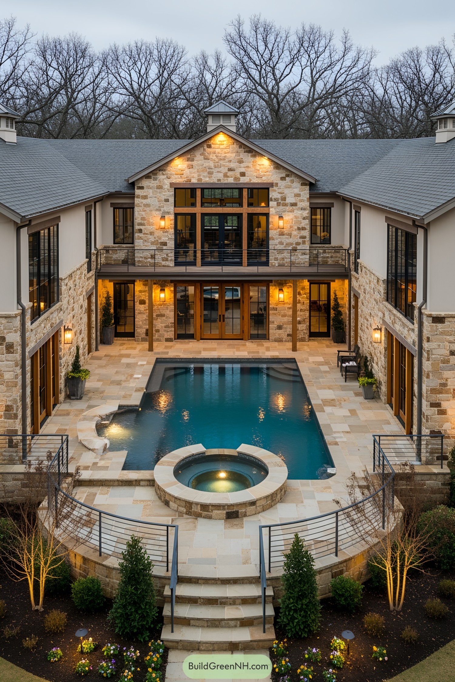U-shaped barndominium with stone facade and pool