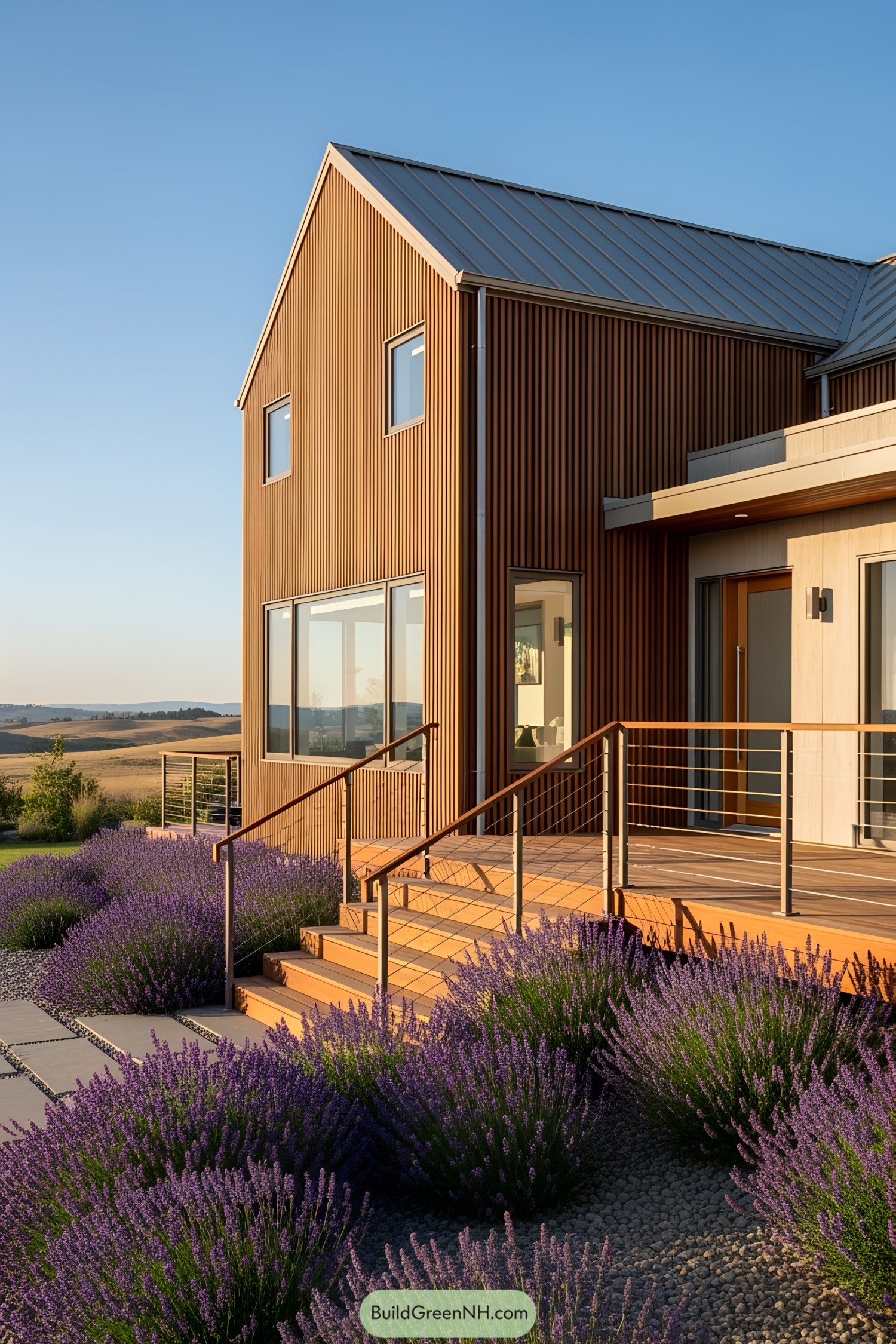 Tiny house with wood siding, deck, and lavender garden
