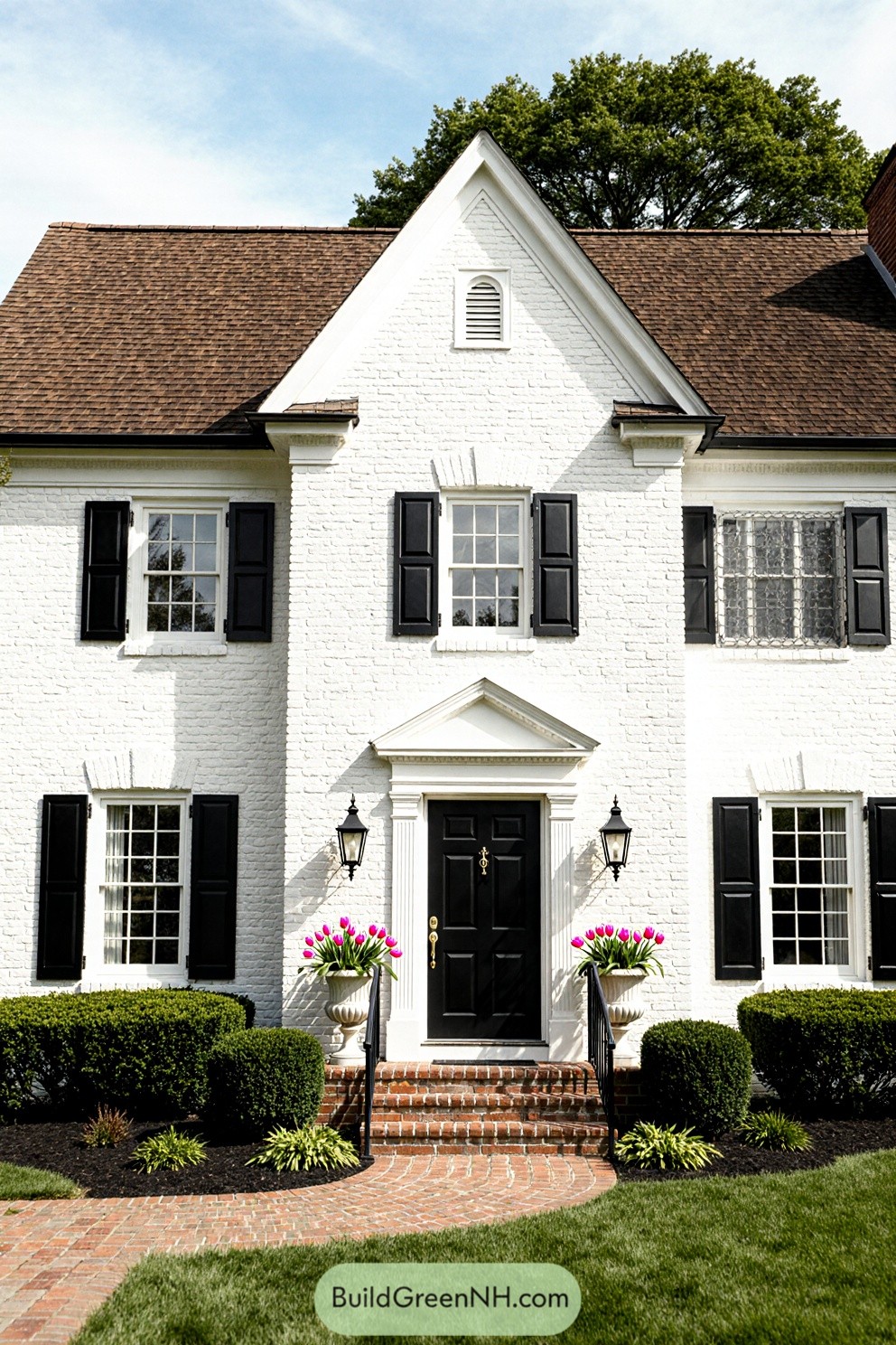 White brick house with black shutters and a welcoming garden path