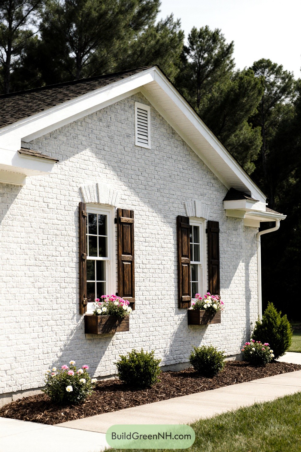 White brick house with dark shutters and pink flowers