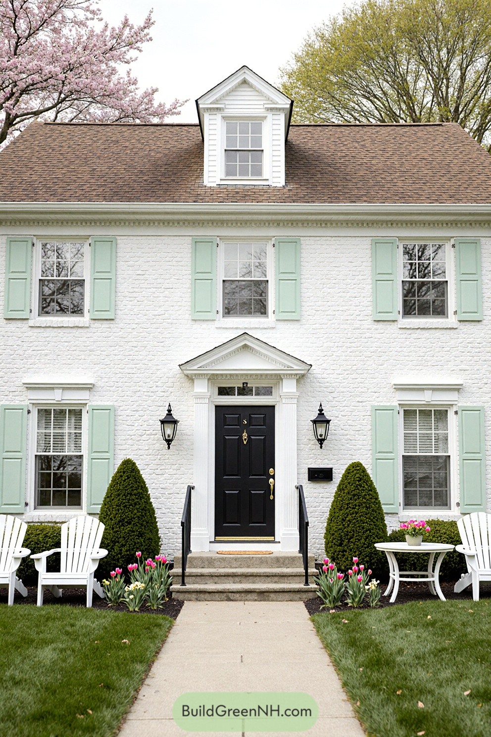 White brick house with pastel shutters and a black door