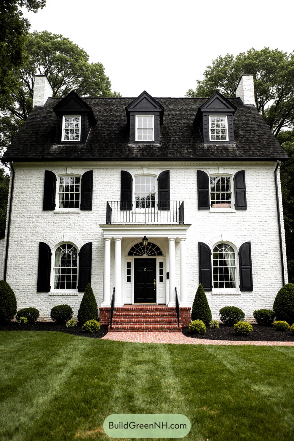White brick house with contrasting black shutters and a lush green garden