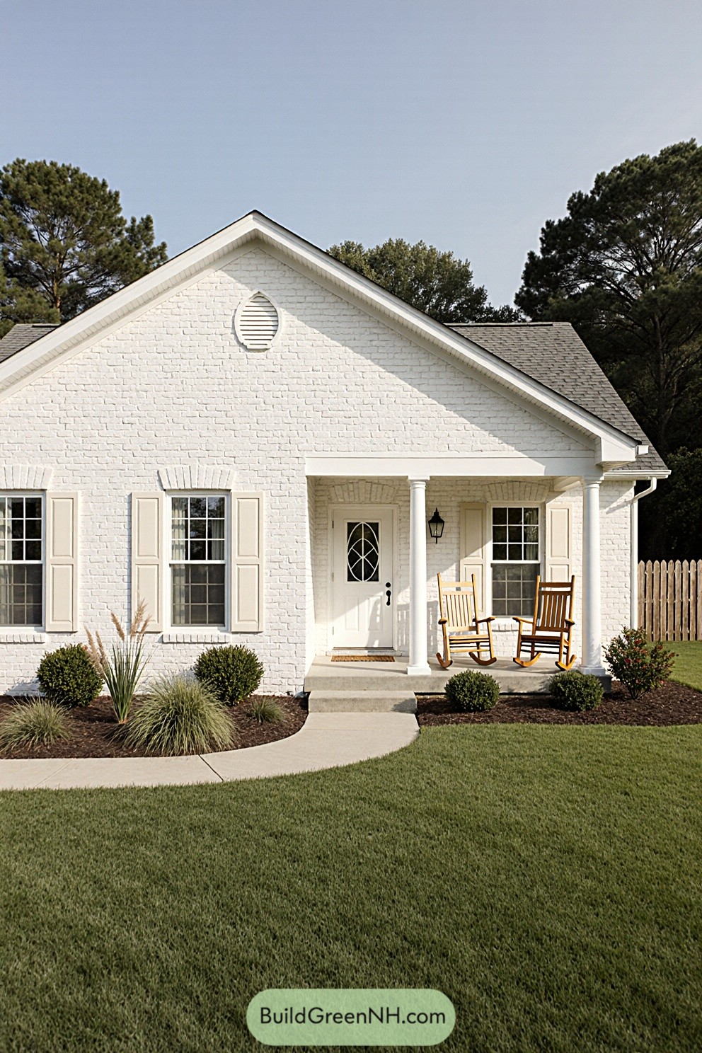 White brick house with rocking chairs on the porch