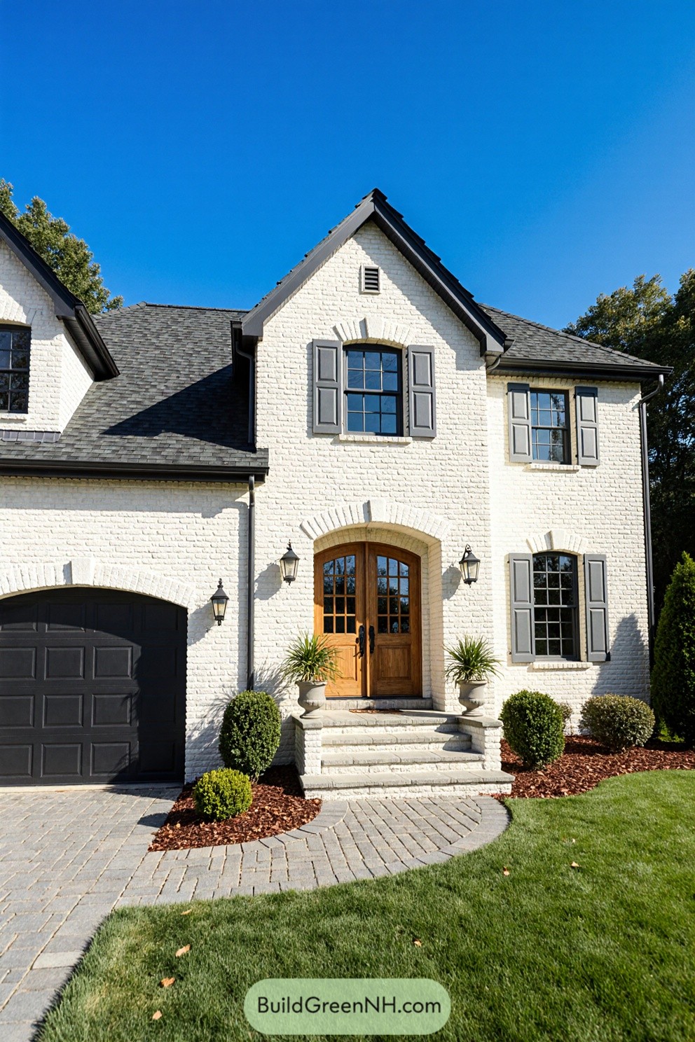White brick house with gray shutters and wooden door
