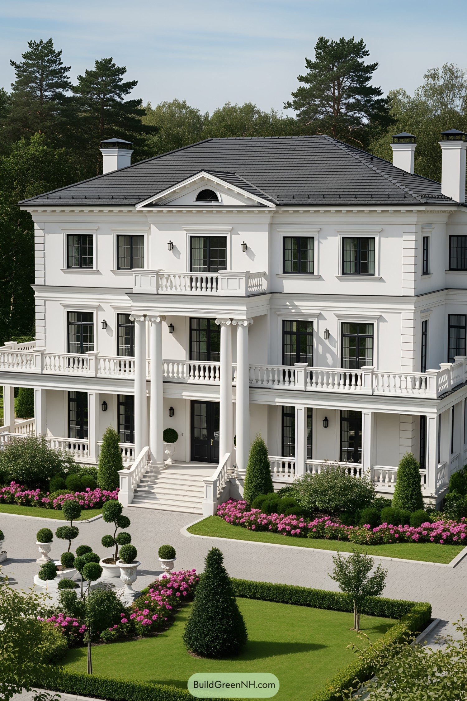 Luxurious white villa with classical columns and landscaped gardens