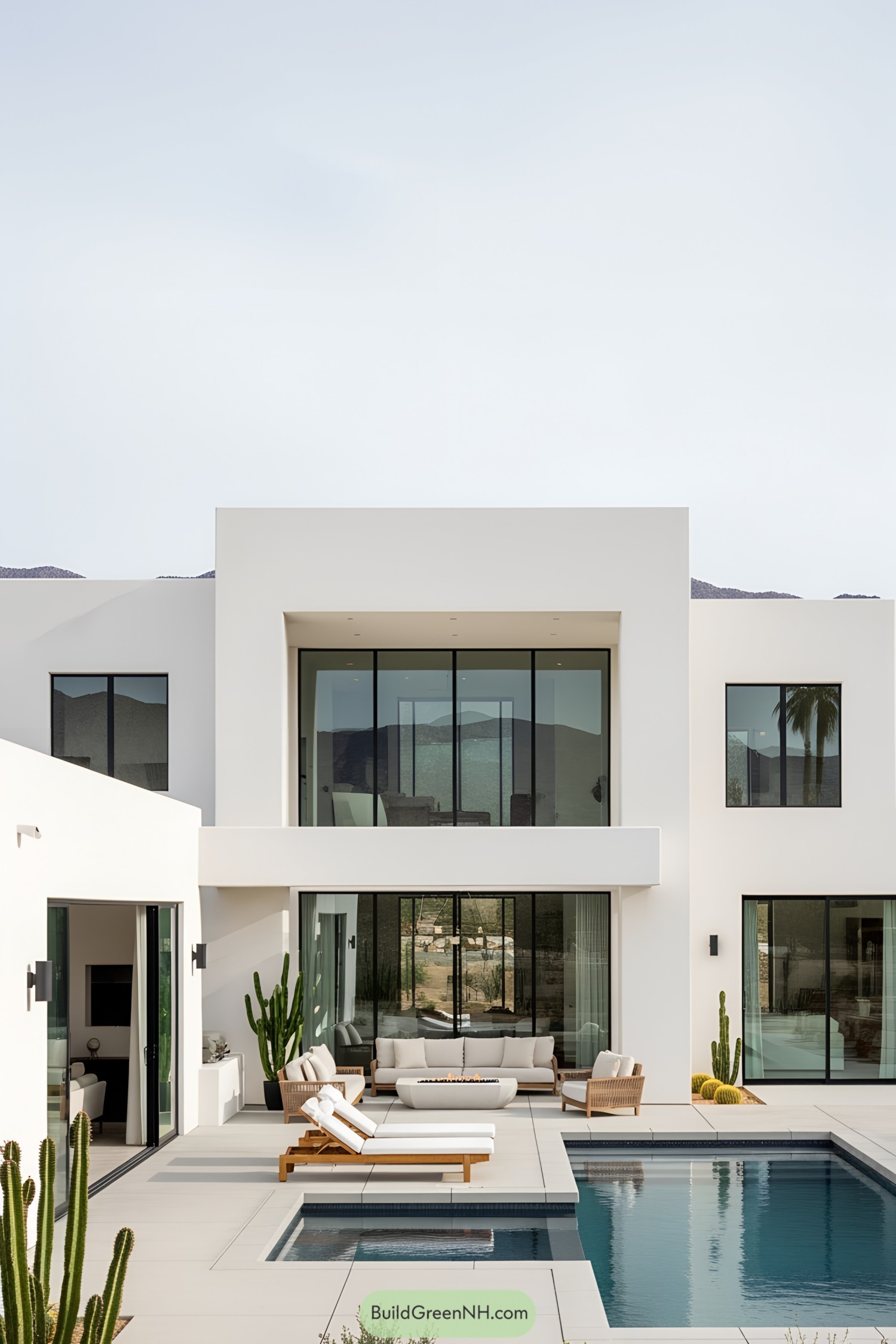 Sleek white villa with pool and cacti