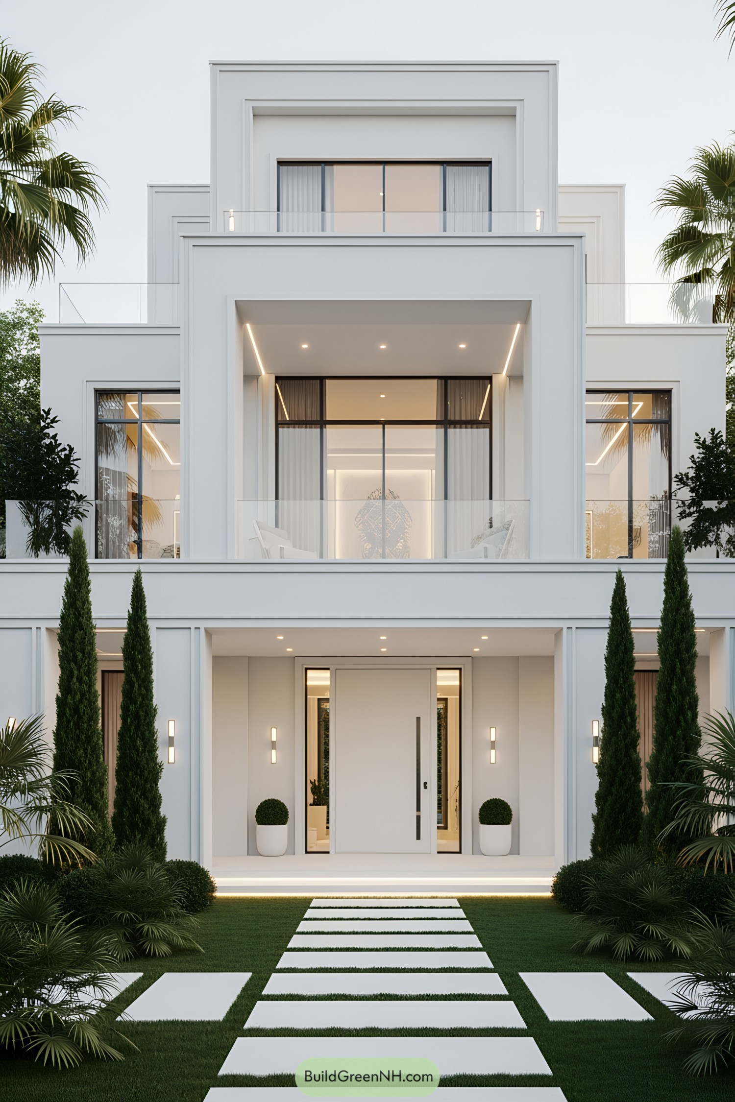 Elegant white villa with geometric design and lush greenery