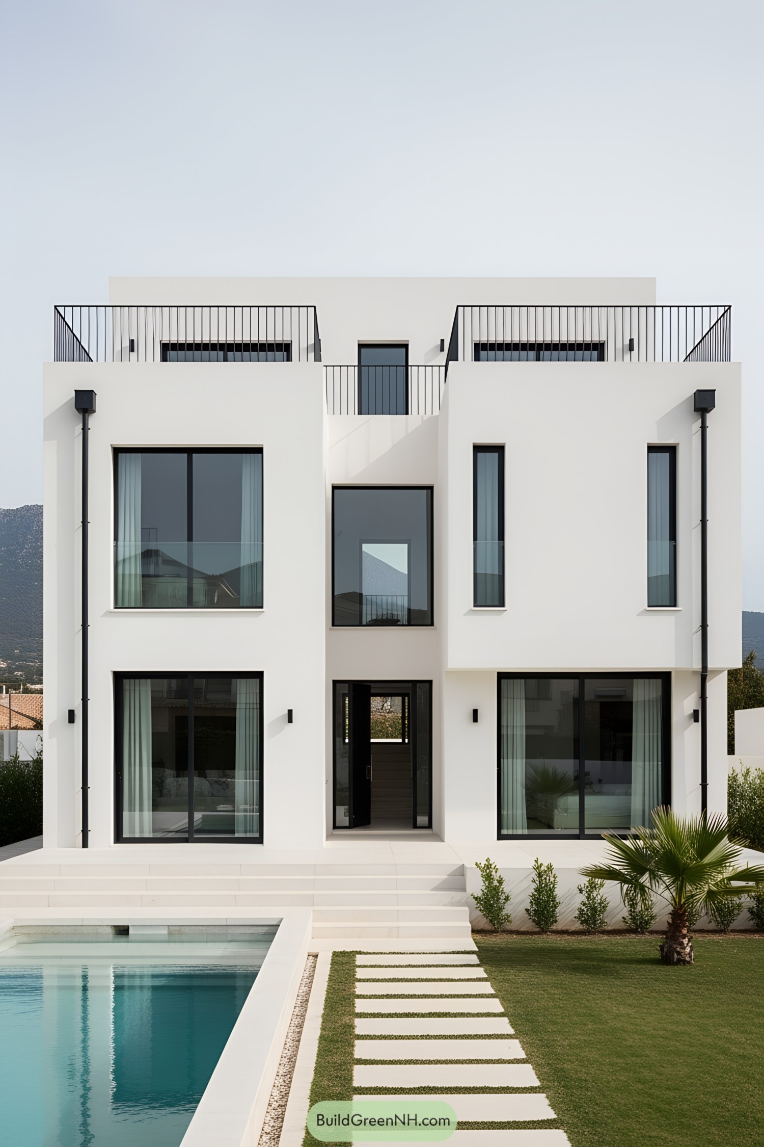 Modern white villa with a sleek design and a swimming pool