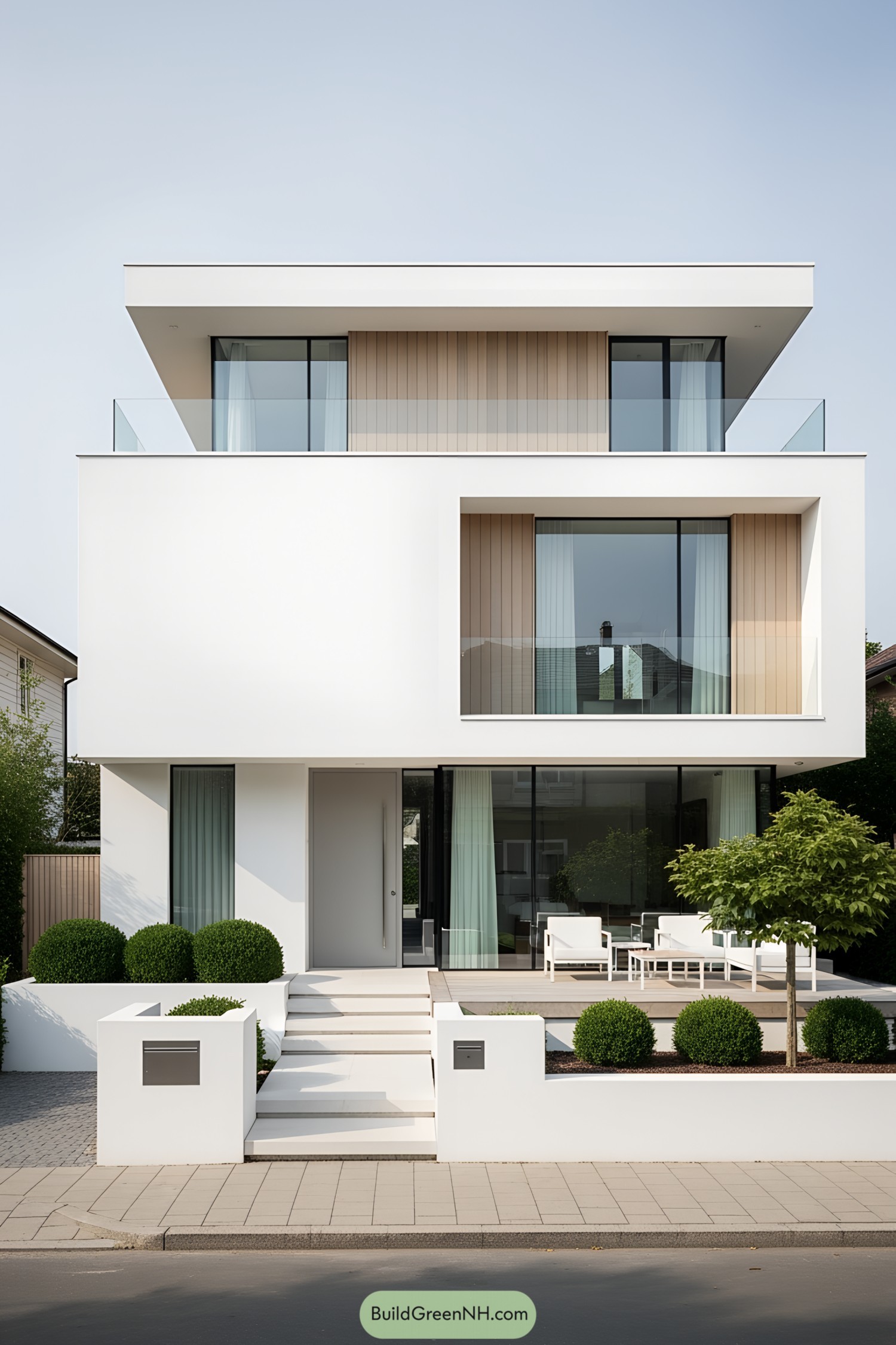 Modern white villa with sleek lines and glass elements