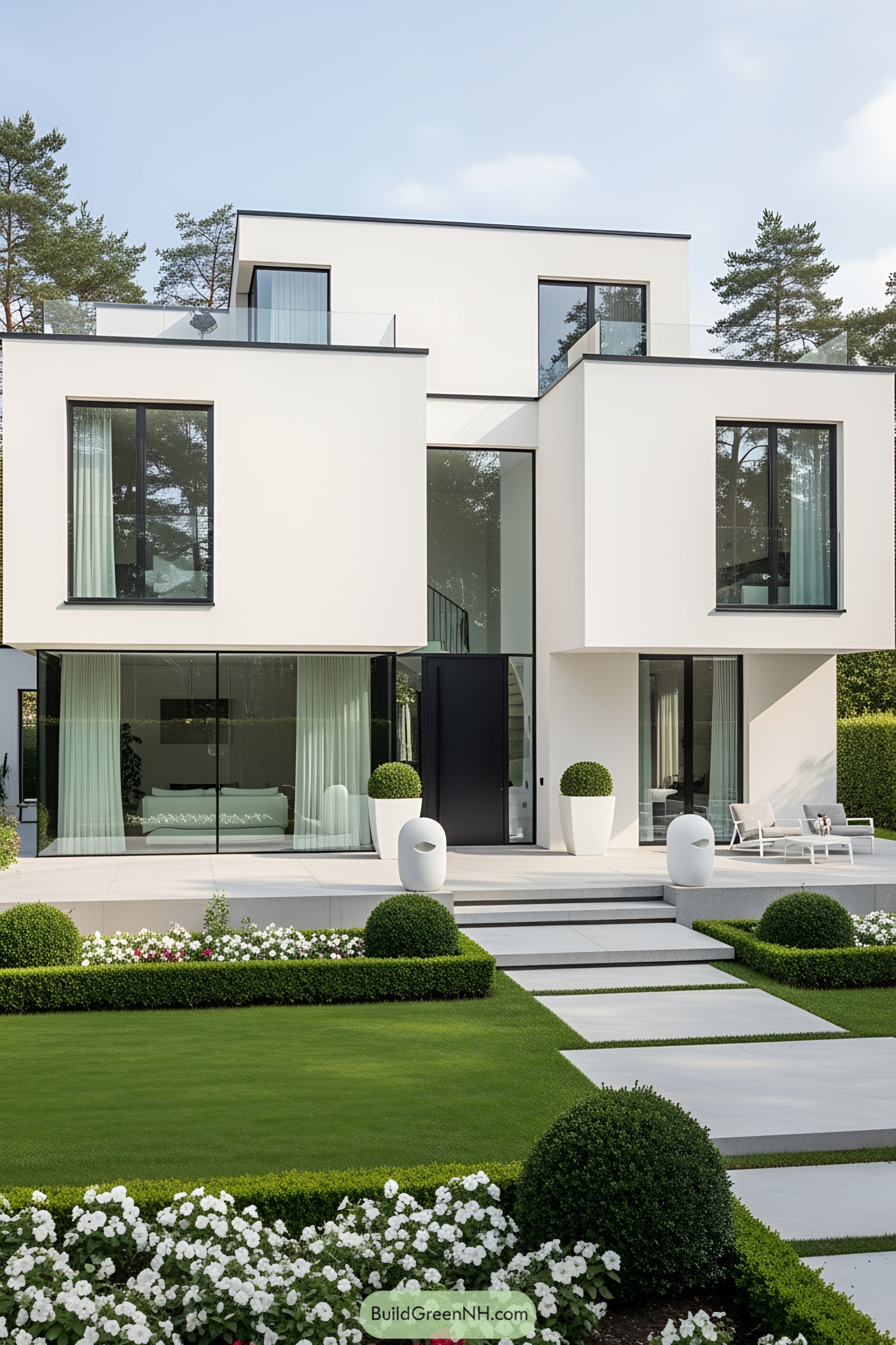 Modern white villa with large glass panels and minimalistic garden