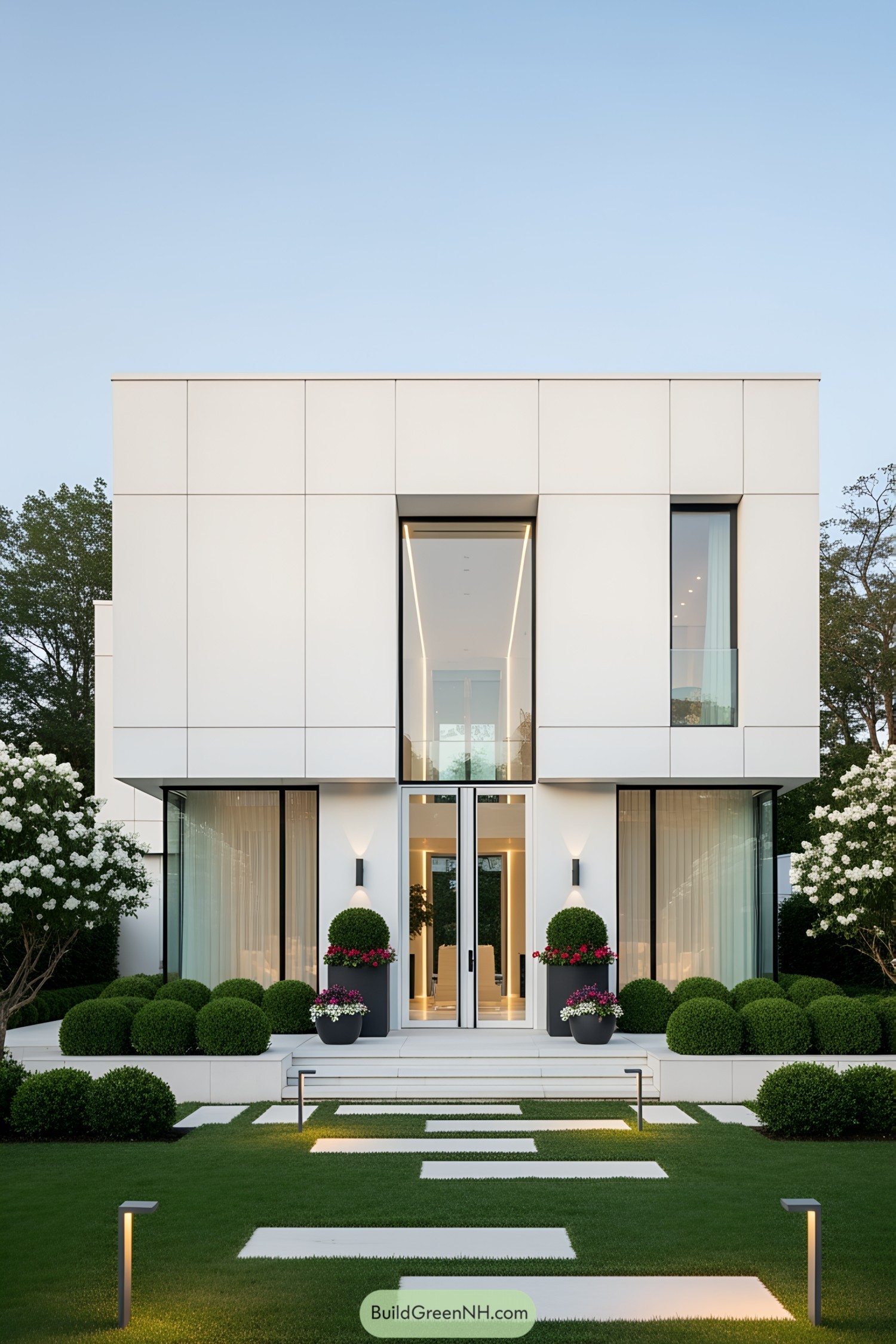 A sleek, modern white villa surrounded by greenery