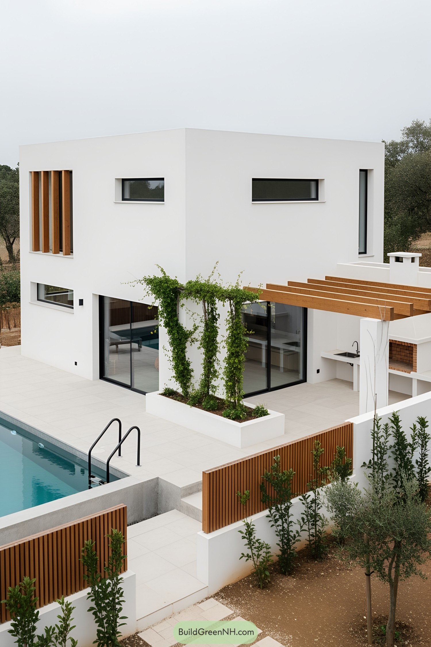 Modern white villa with pool and wooden accents