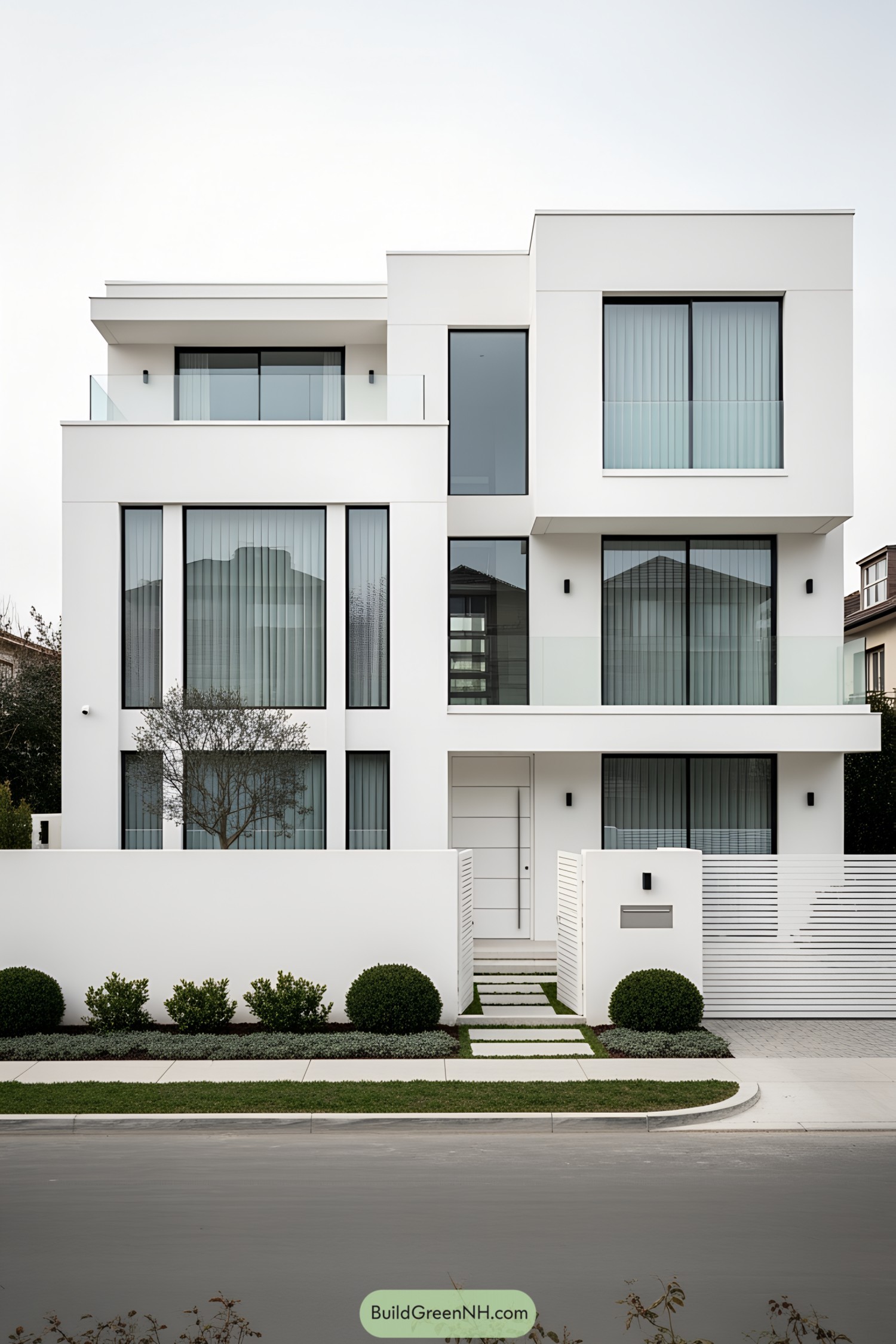 Sleek white villa with large windows and a modern facade
