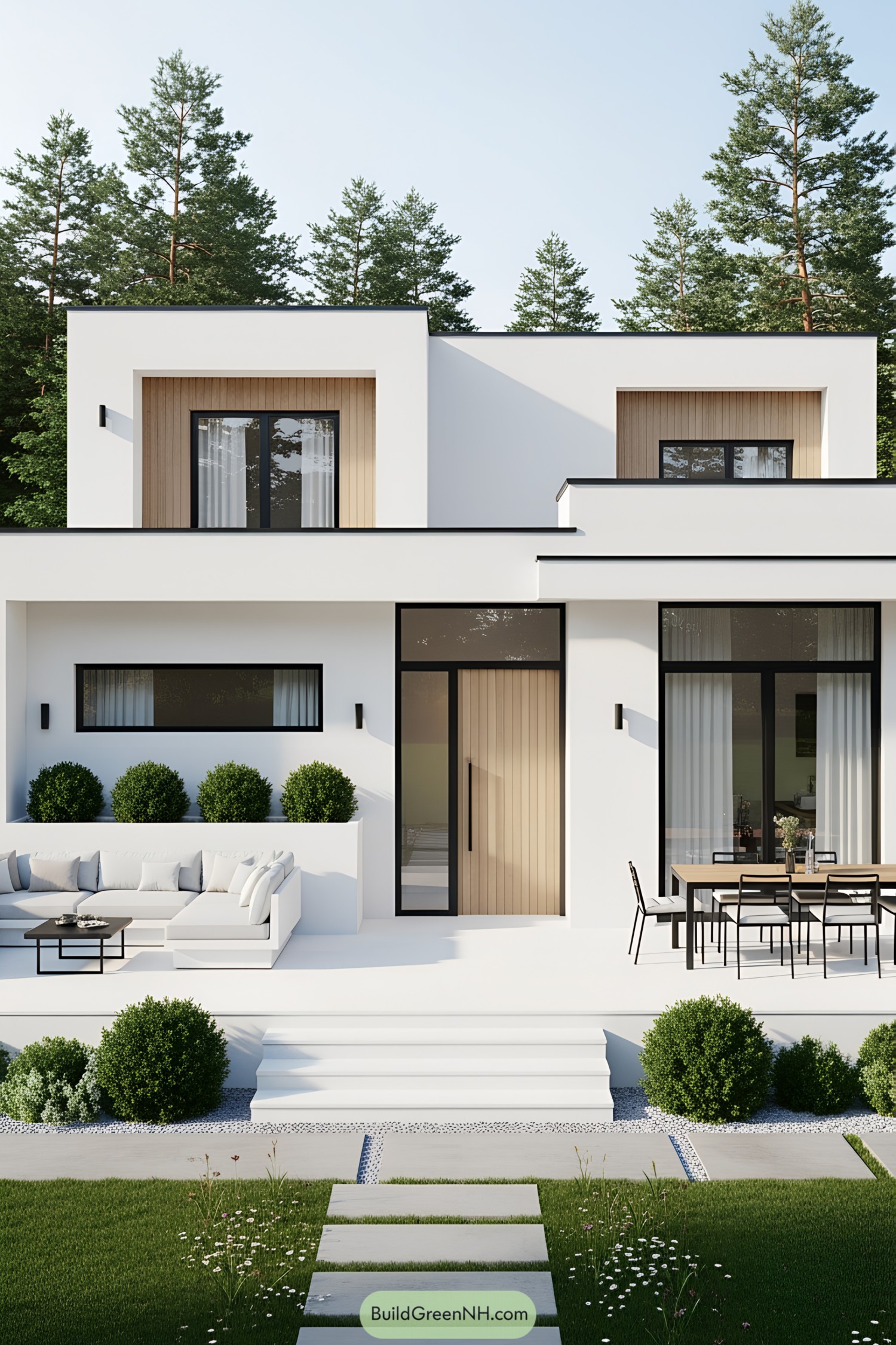 Modern white villa with glass doors and outdoor seating