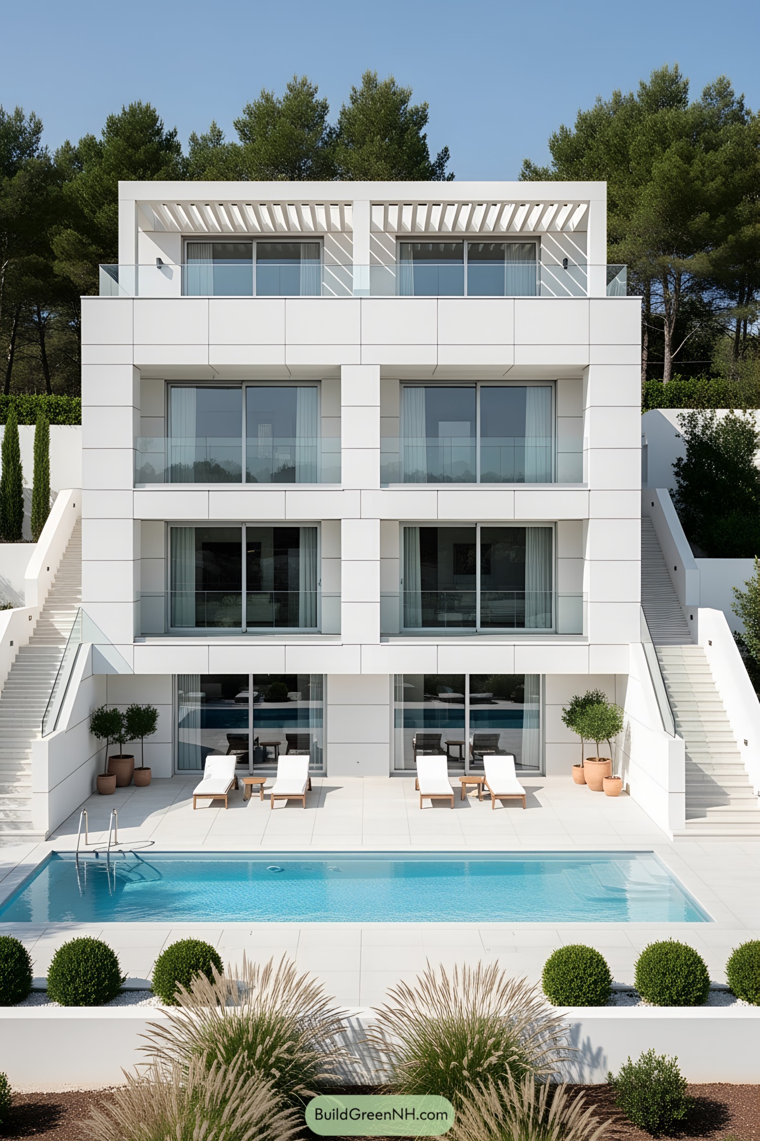Modern white villa with large windows and a pool