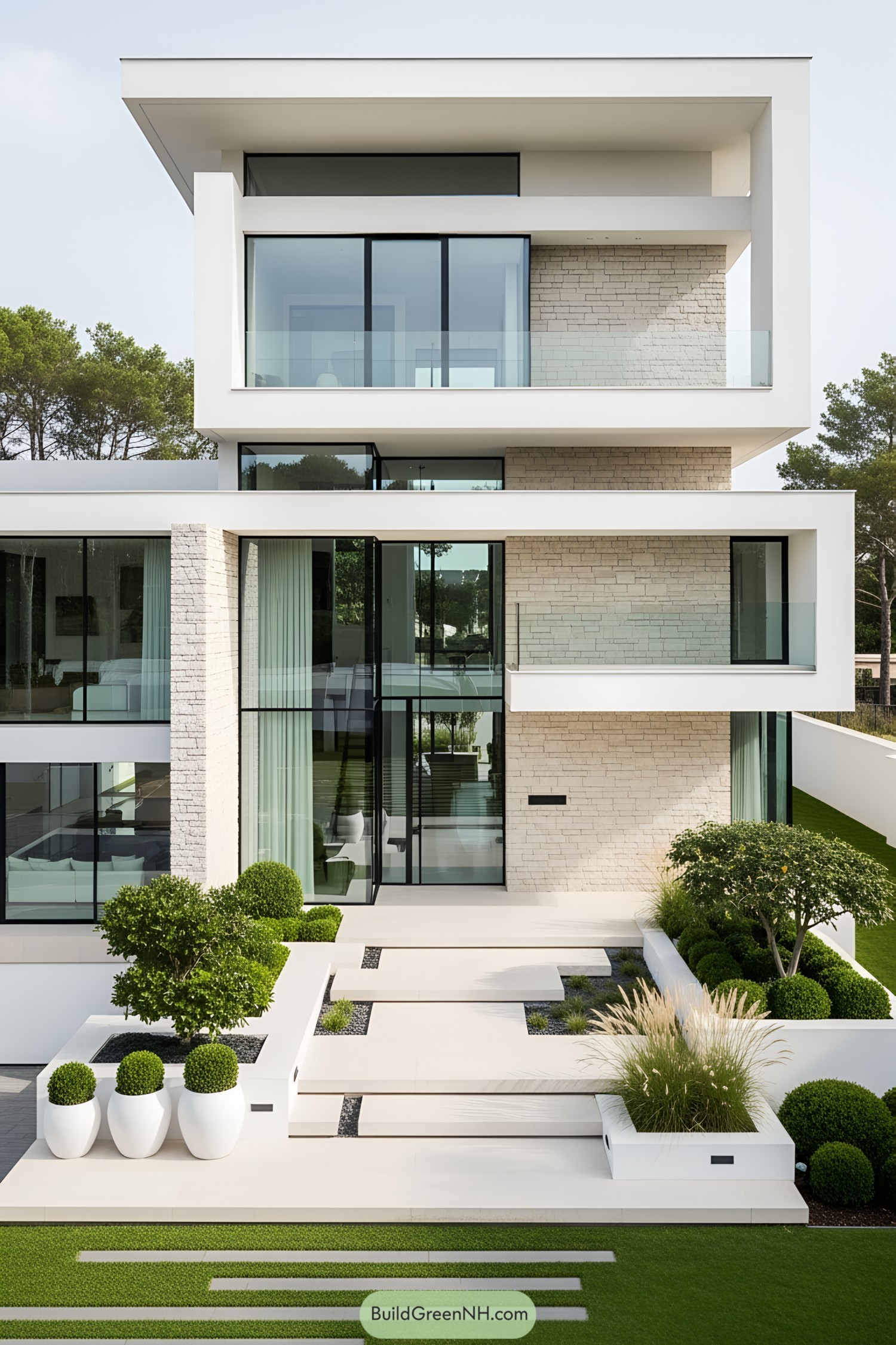 Sleek white villa with modern architecture and lush greenery