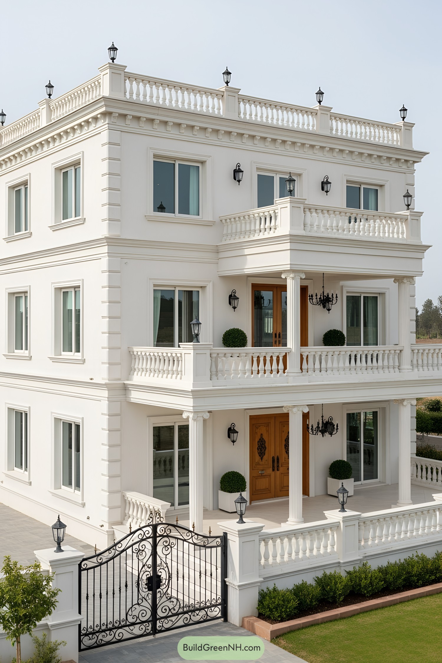 A white villa with classic design and grand entrance